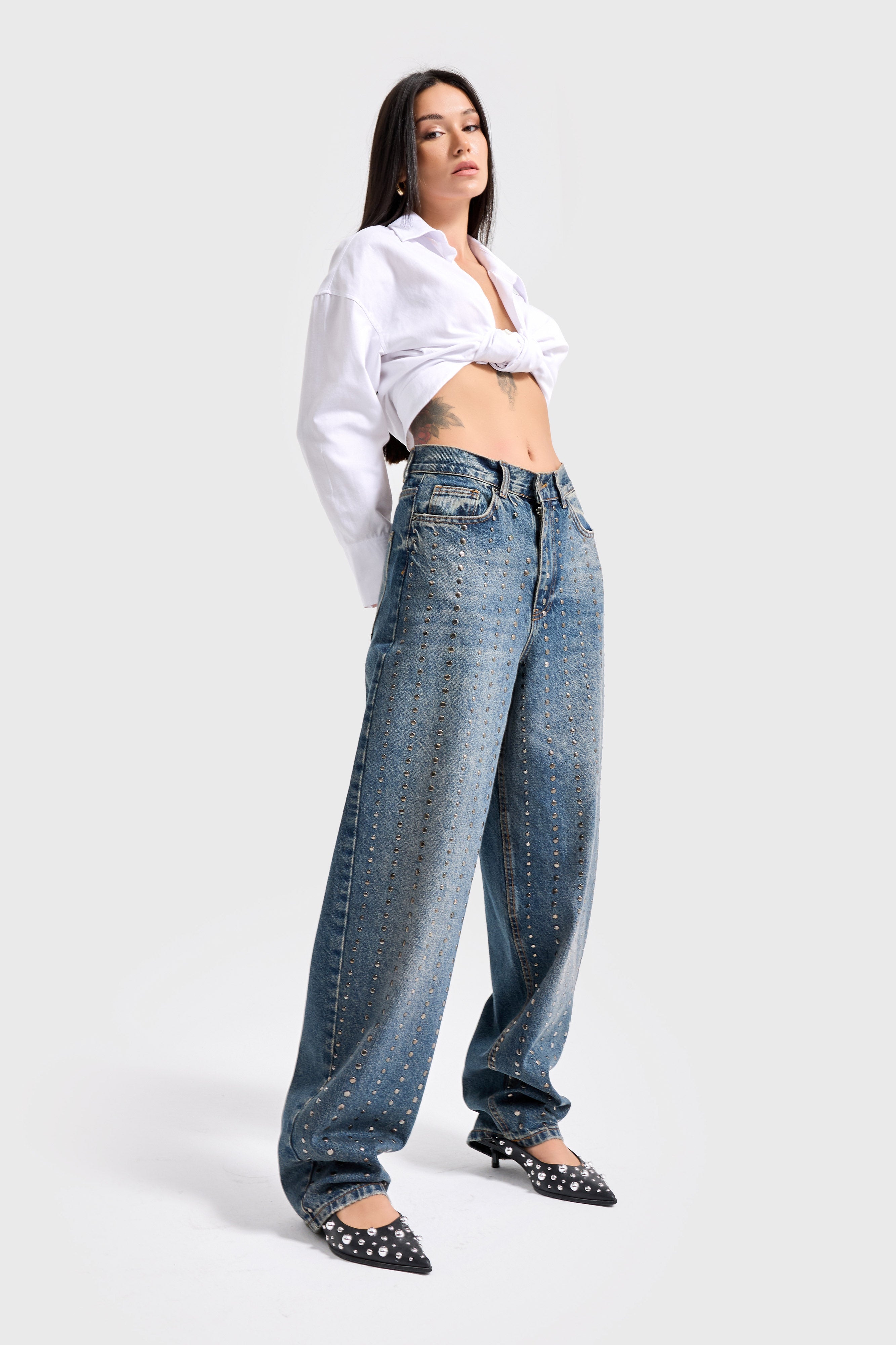 Kadın T.Kot 2w48 Rengi Taş Detaylı Skater Fit Tasarım Denim