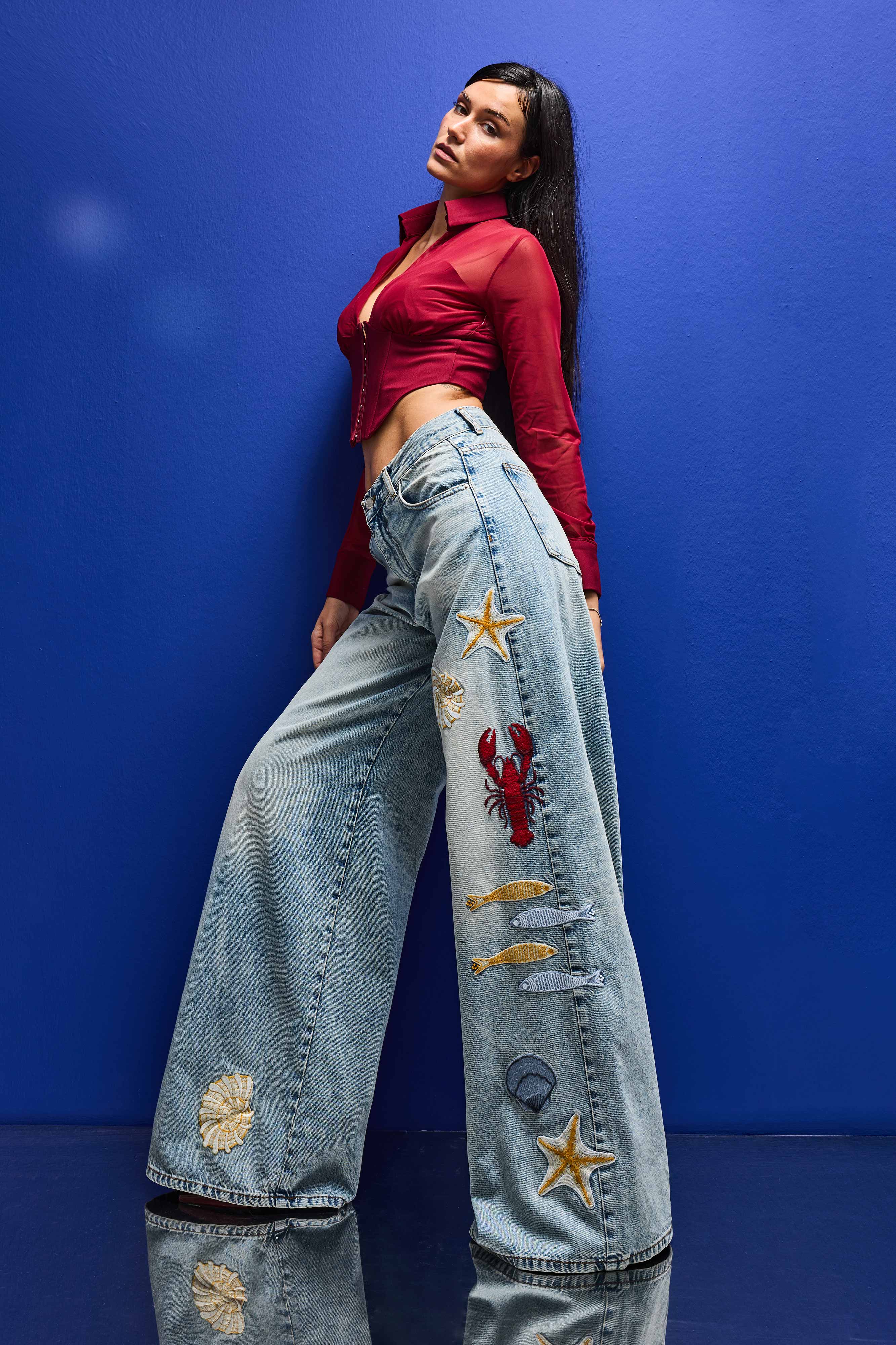 Kadın Kot Rengi 4s6-32 Palazzo Fit Deniz Dünyası Nakışlı Özel Tasarım Denim Jean