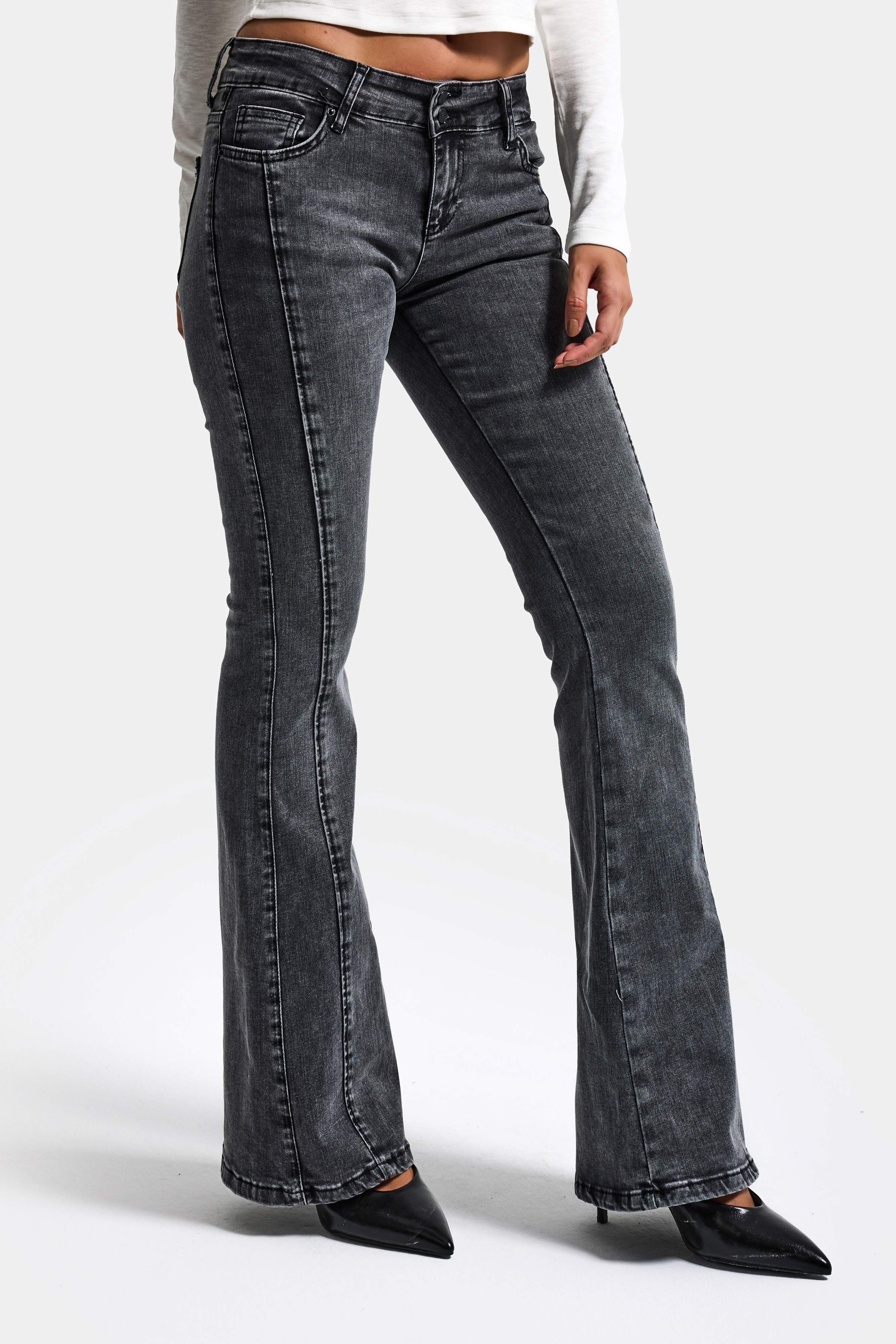 Kadın Antrasit 4s6-14 Mid Rise Flare Fit Kemer Detaylı Esnek Kumaş Denim Jean