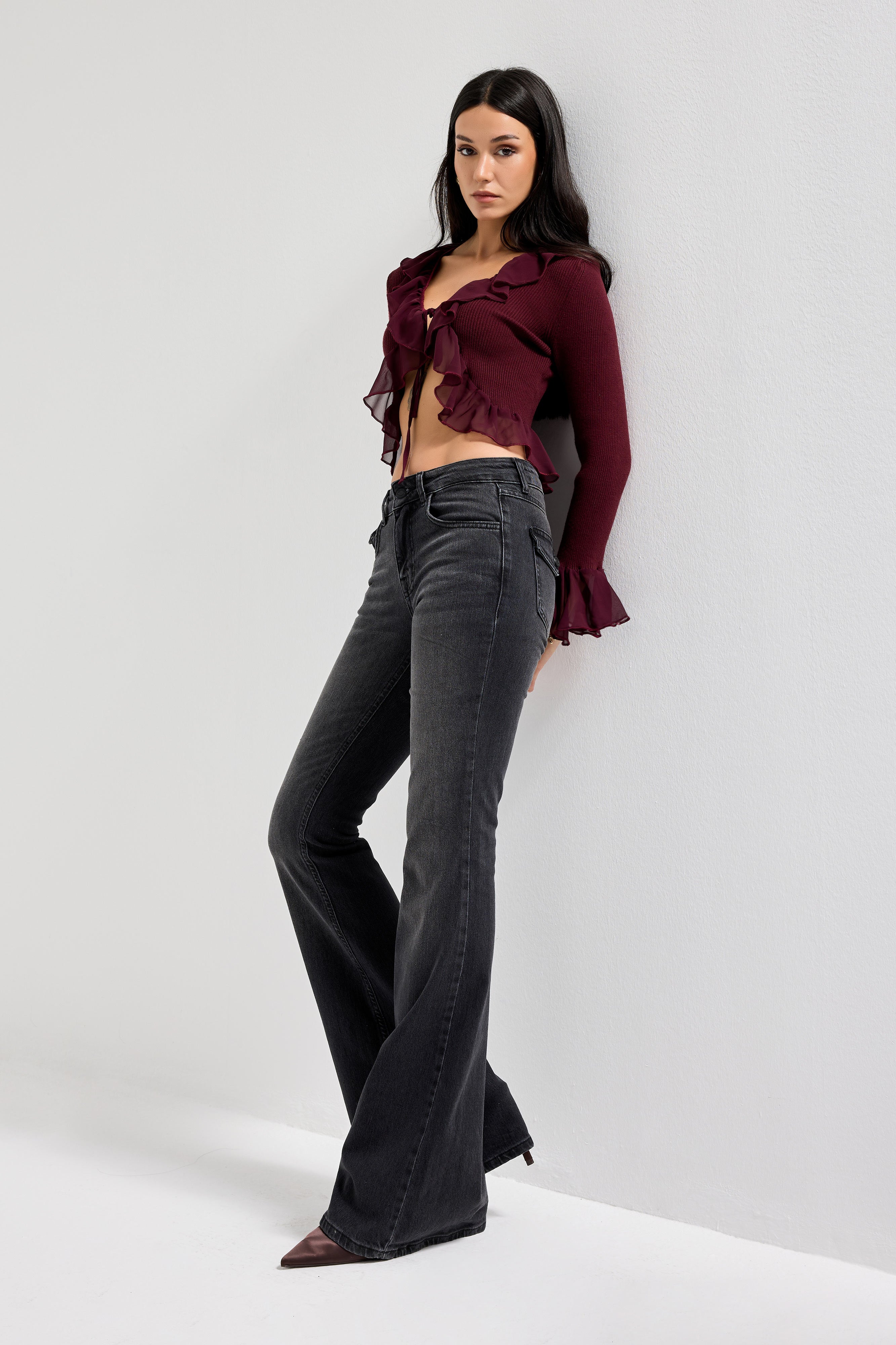 Kadın Koyu Füme Renk 2w5-1 SLN05 Midrise Flare Fit Esnek Kumaş İç Boy 83cm Denim Jean