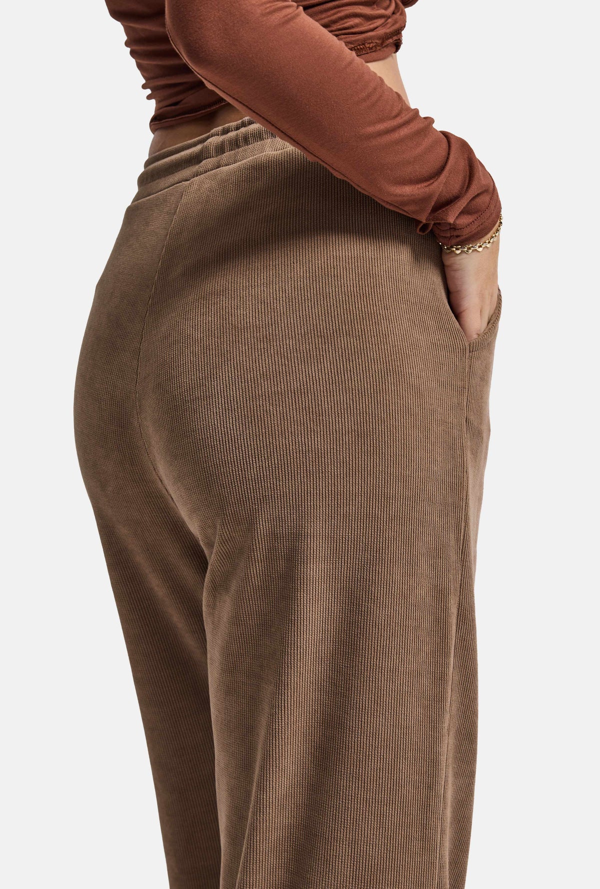 Women's Pastel Coffee Ribbed Knit Flexible Velvet Fabric Pants w5-82