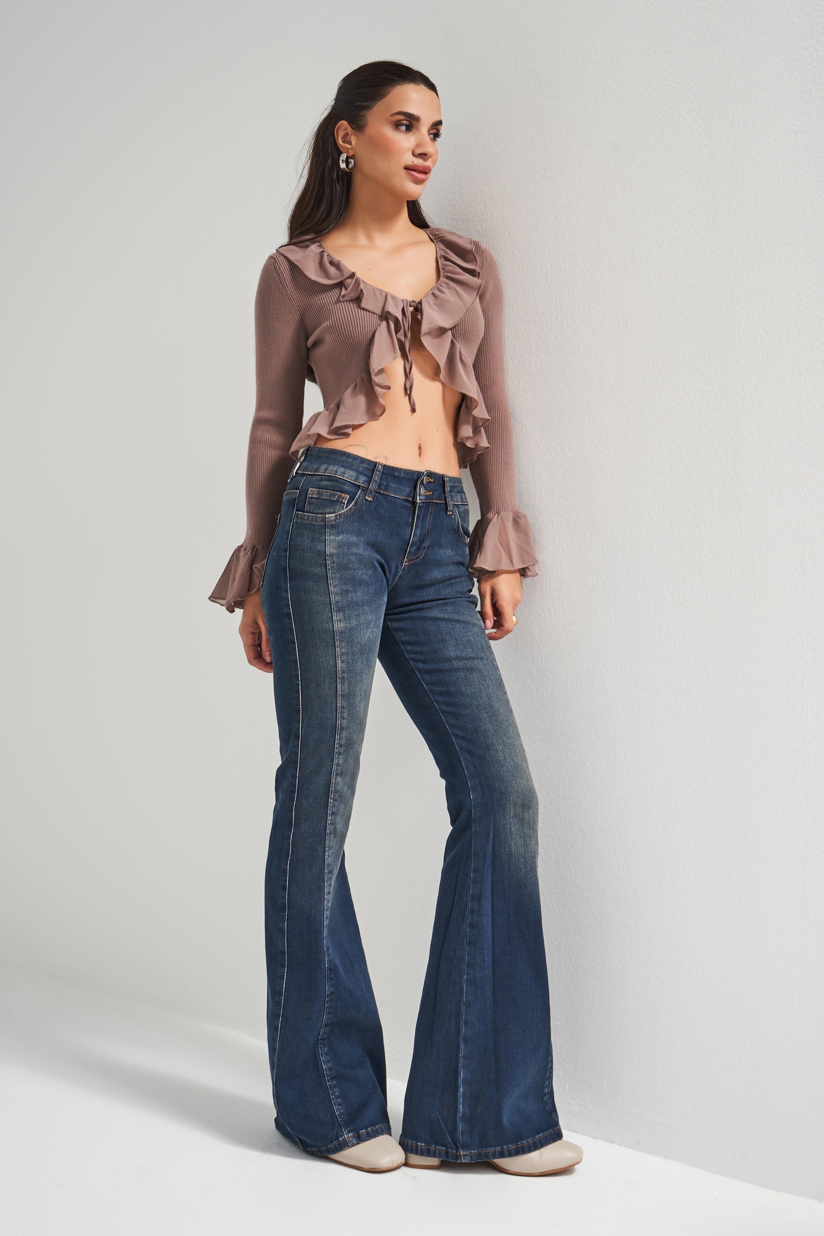 Kadın T.Kot Rengi 2w5-8 Mid Rise Flare Fit Süper Esnek Kumaş İspanyol Paça Denim Jean