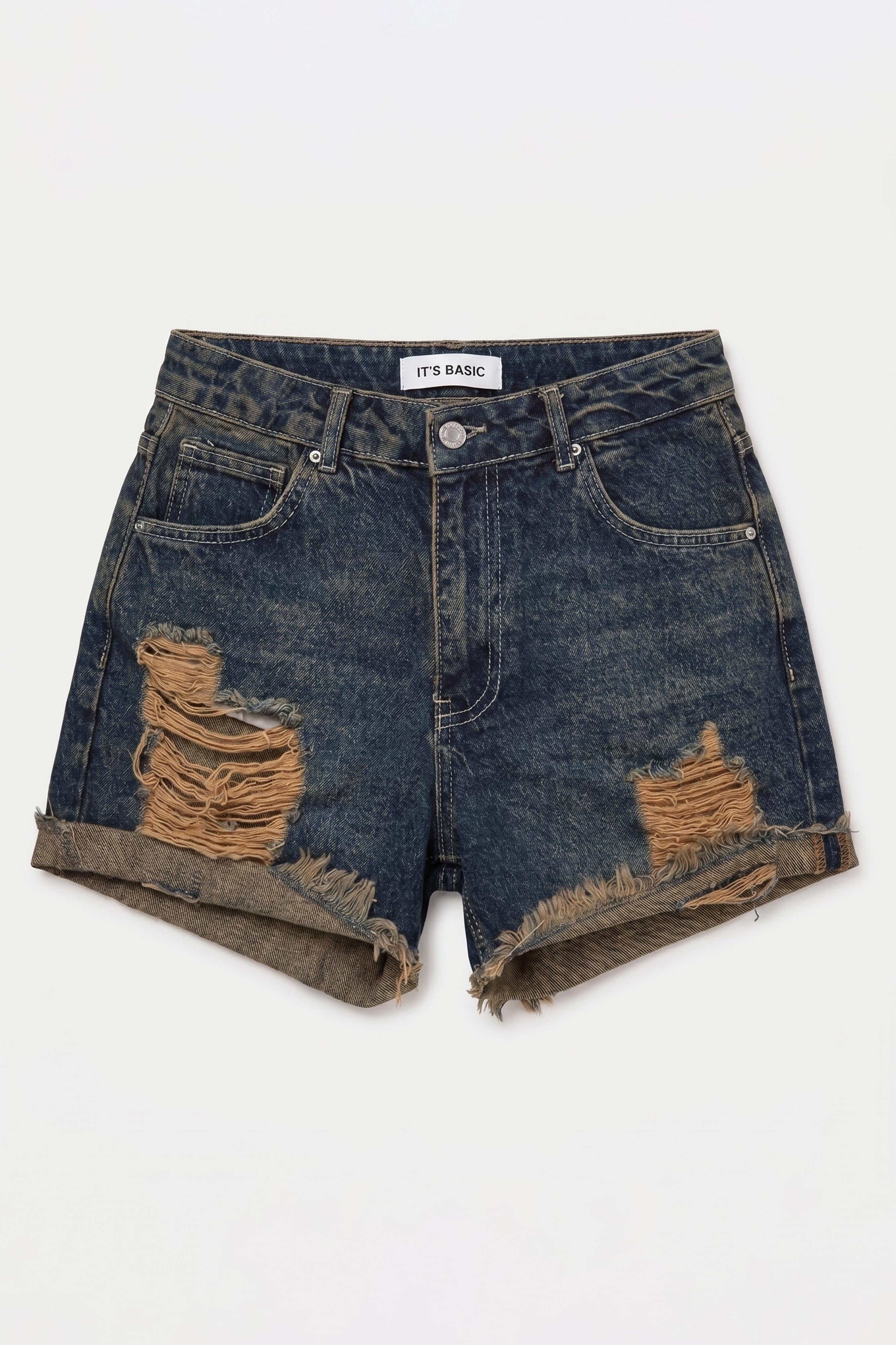 Kadın Koyu Kot 10s6 Mini Yırtık Detaylı Denim Şort