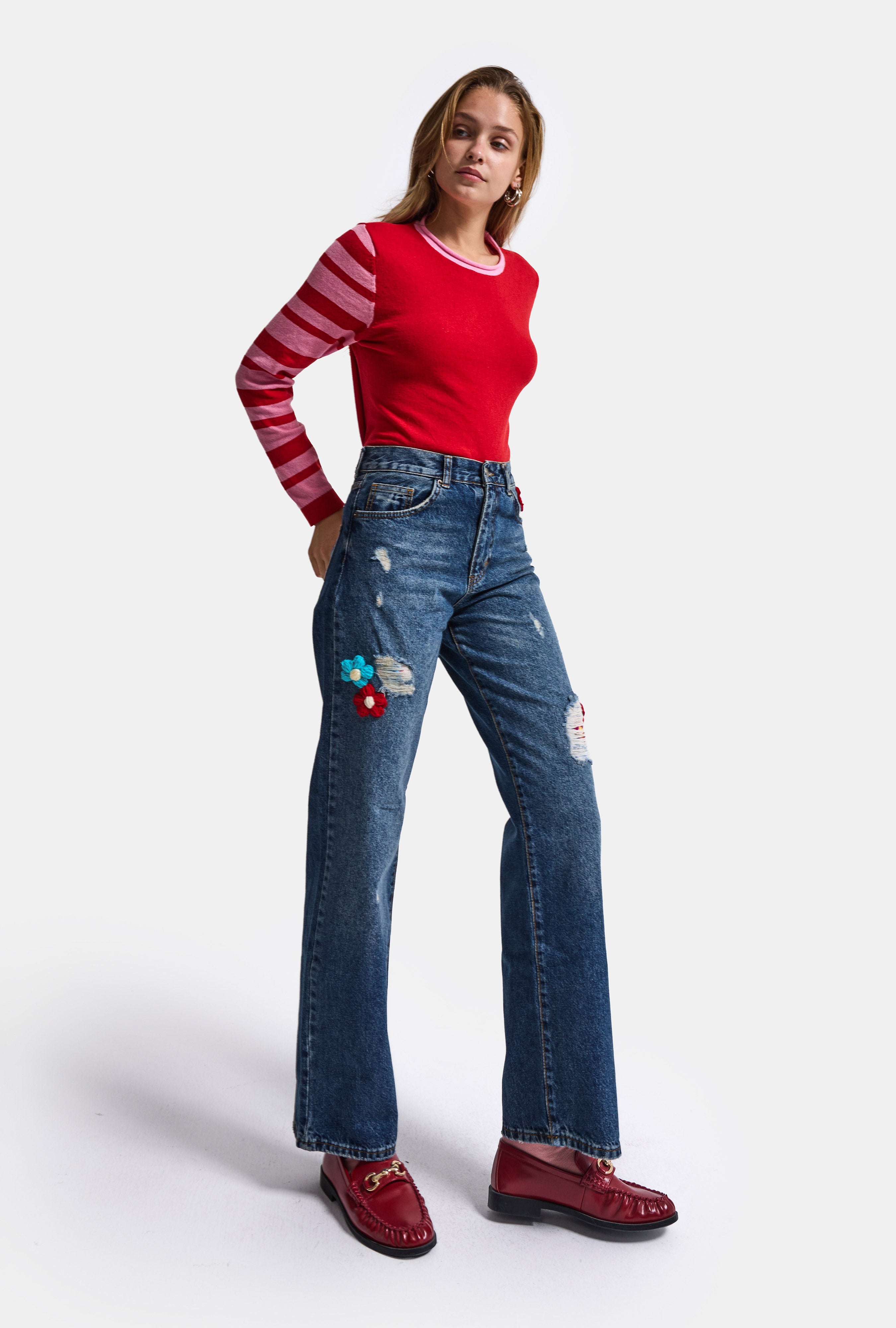 Kadın T.Kot Rengi Etnik Gül Desenli Loose Fit Tasarım Denim Jean