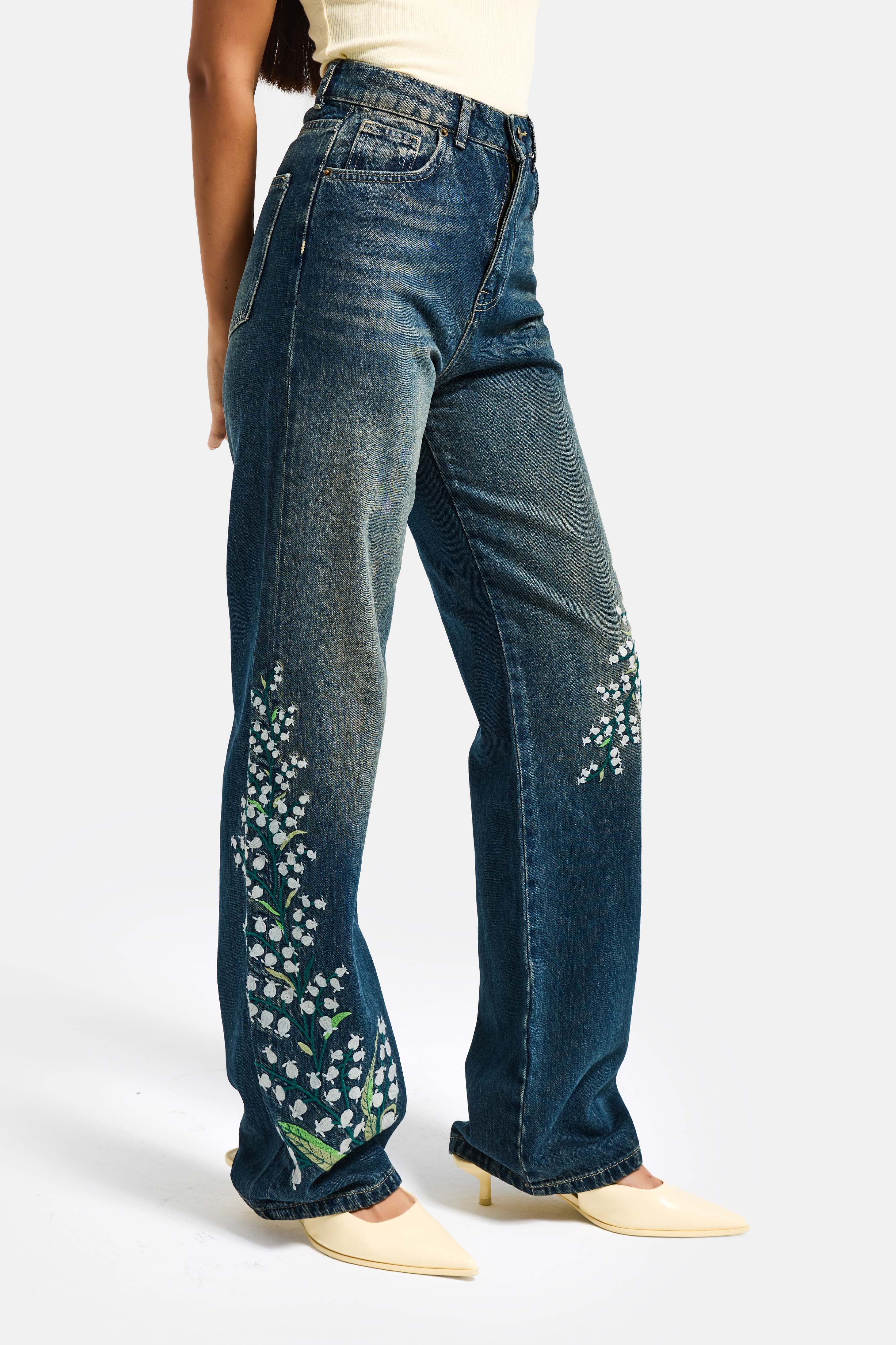 Kadın T.Kot Rengi 2w5-31 Straight Fit Yüksek Bel Özel Çiçek Kuş Nakışlı Tasarım Denim Jean