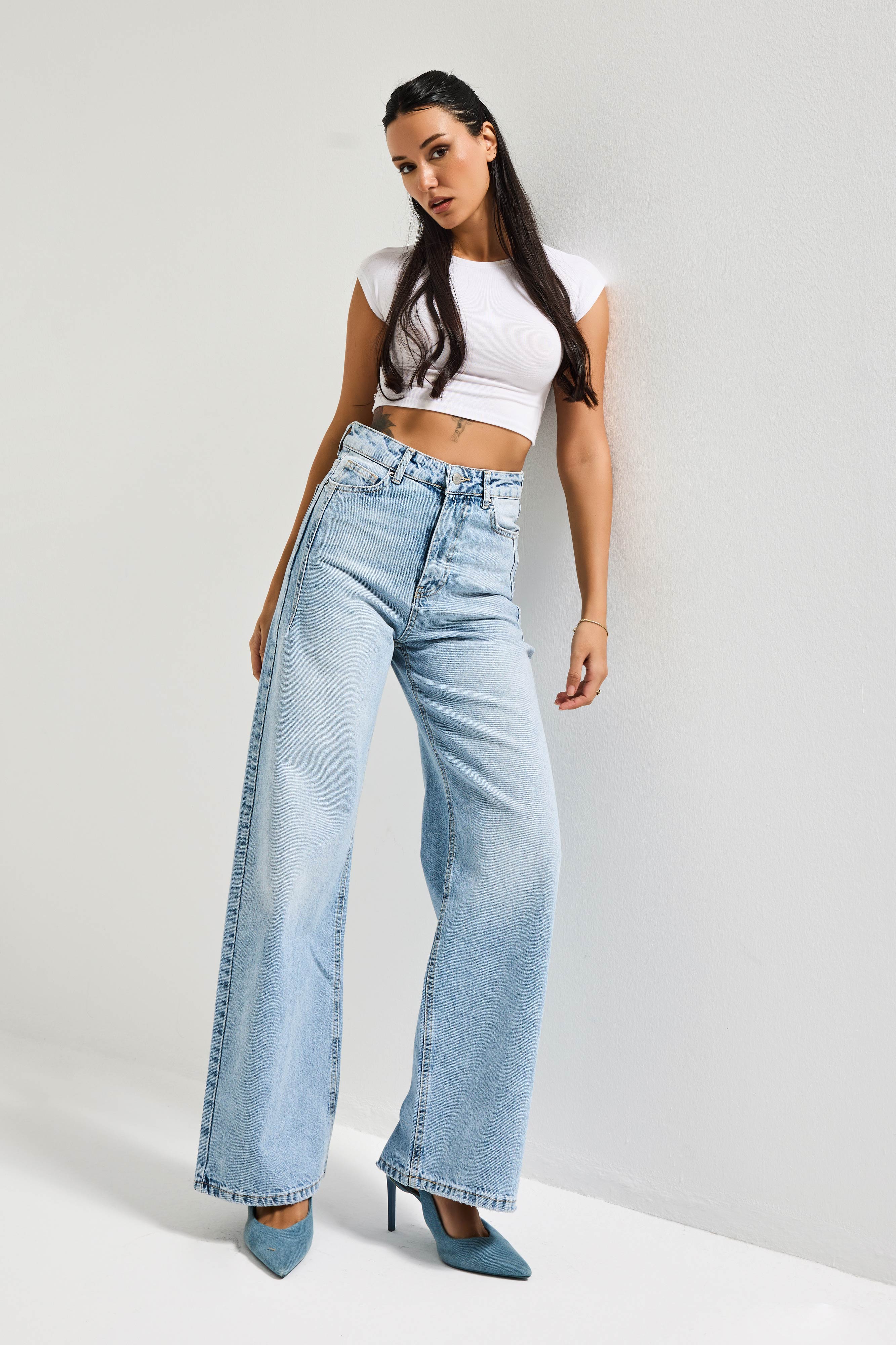 Kadın Kot Rengi Olea 4S5-3 %100 Koton Straight Wide Leg Fit Denim Jean
