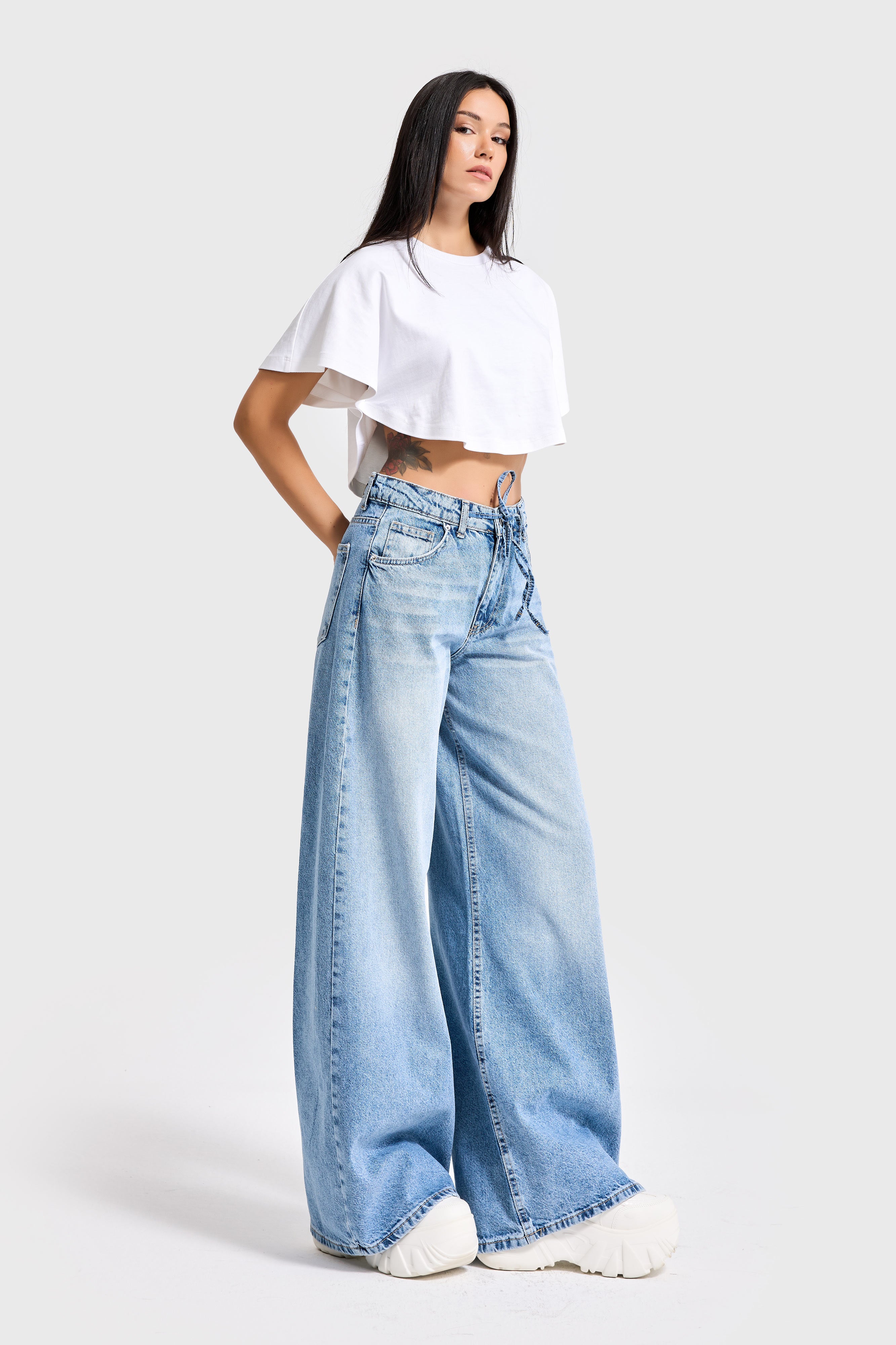 Women's Jeans Color 4S527 Super Palazzo Fit Laced 100% Cotton Denim