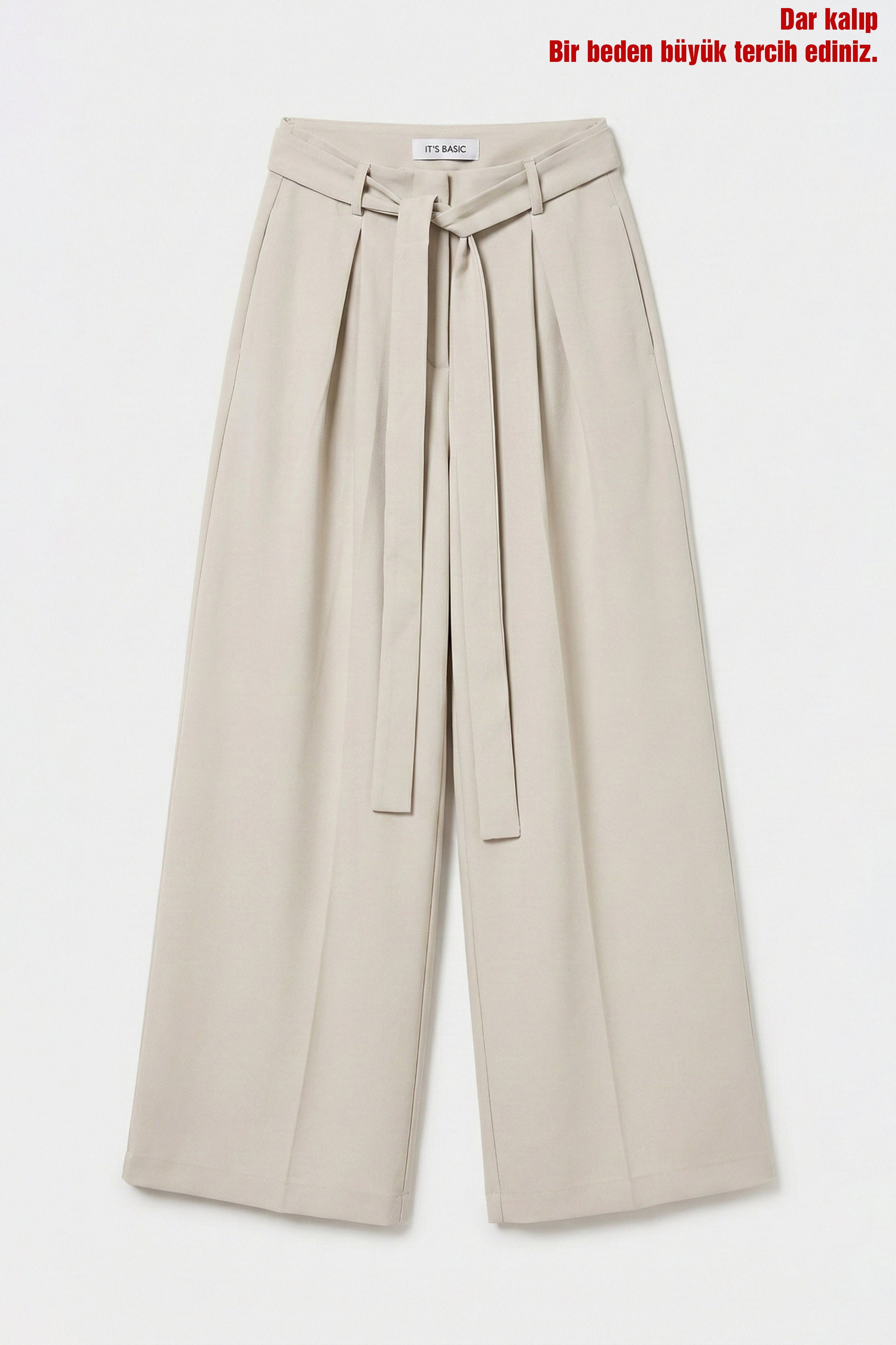 Kadın Ekru Bej w5 Palazzo Fit Özel Kumaş Kemer Detaylı Tasarım Pantolon