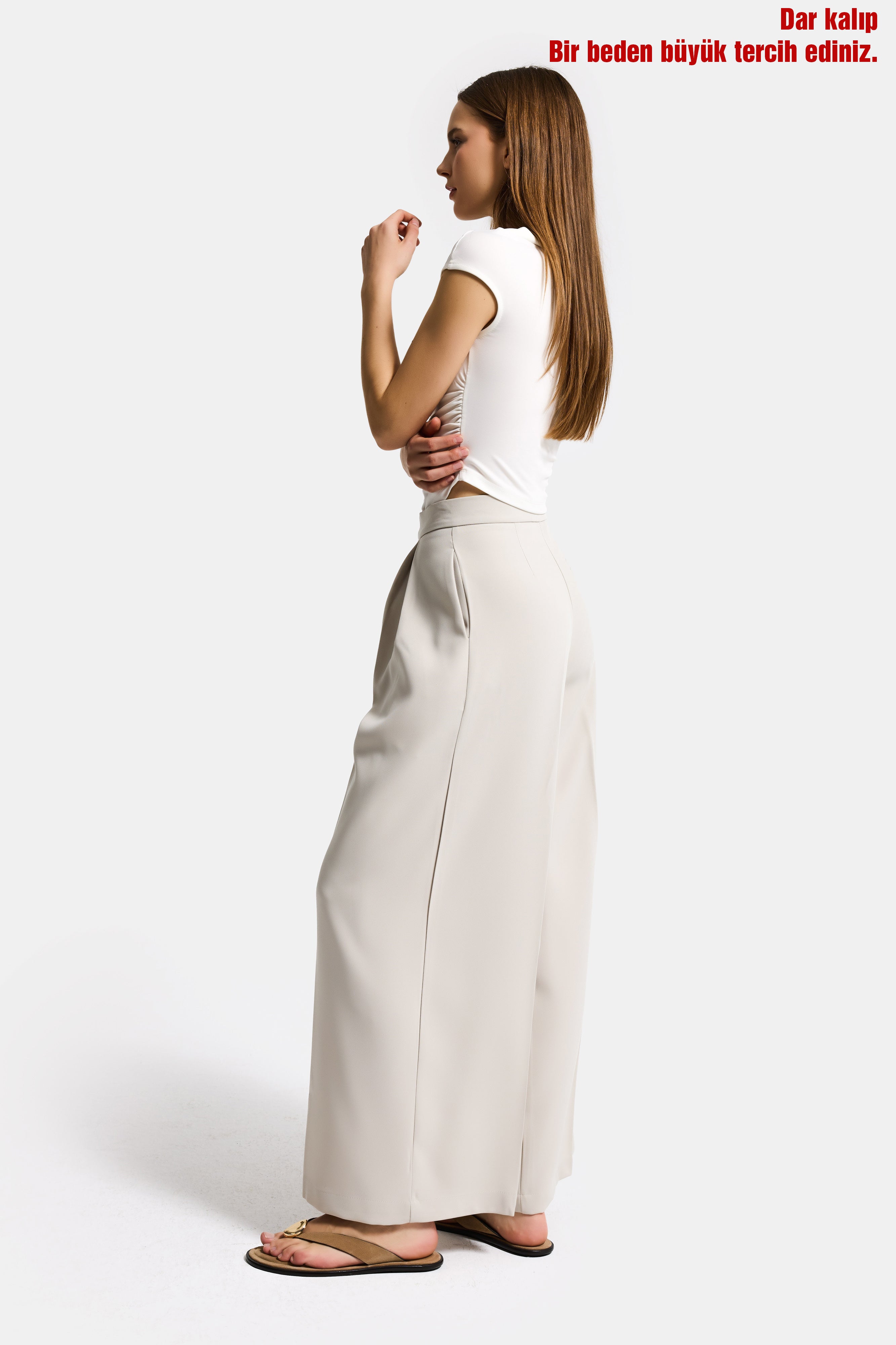 Kadın Ekru Bej w5 Palazzo Fit Özel Kumaş Kemer Detaylı Tasarım Pantolon