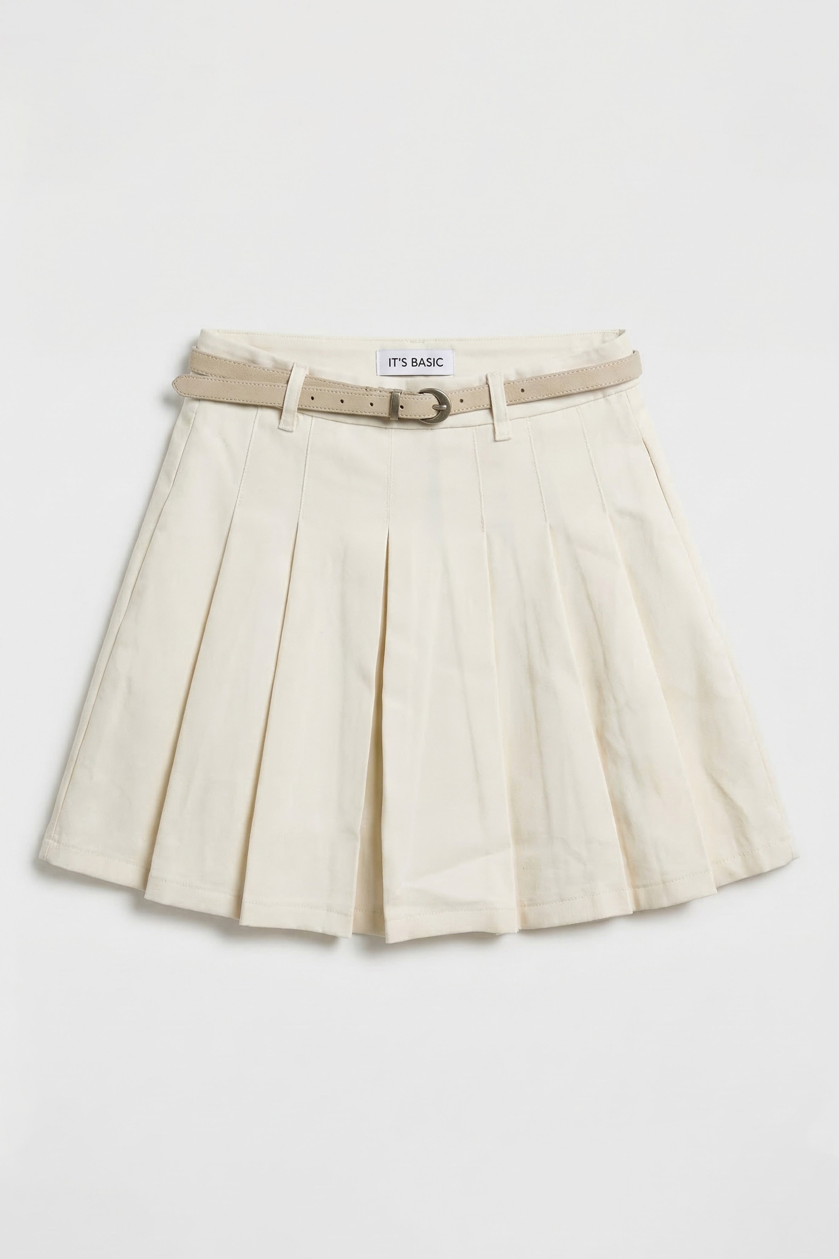 Kadın Kırık Beyaz w5 Kemerli Pileli Organik Koton Kumaş İçi Şortlu Mini Etek