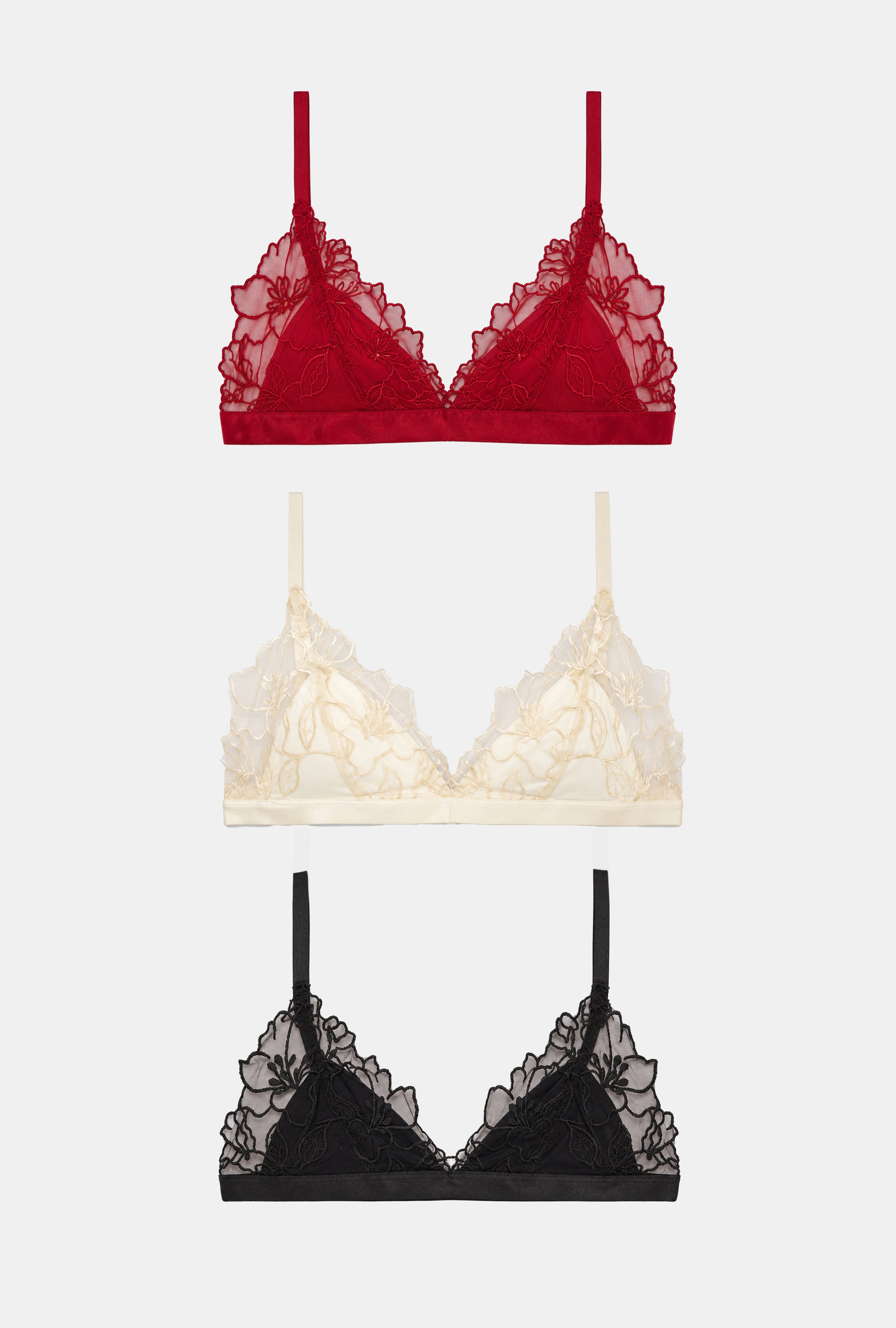 Kadın Kırmız Bej Siyah 3'lü Paket Dantelli Bralet Büstiyer