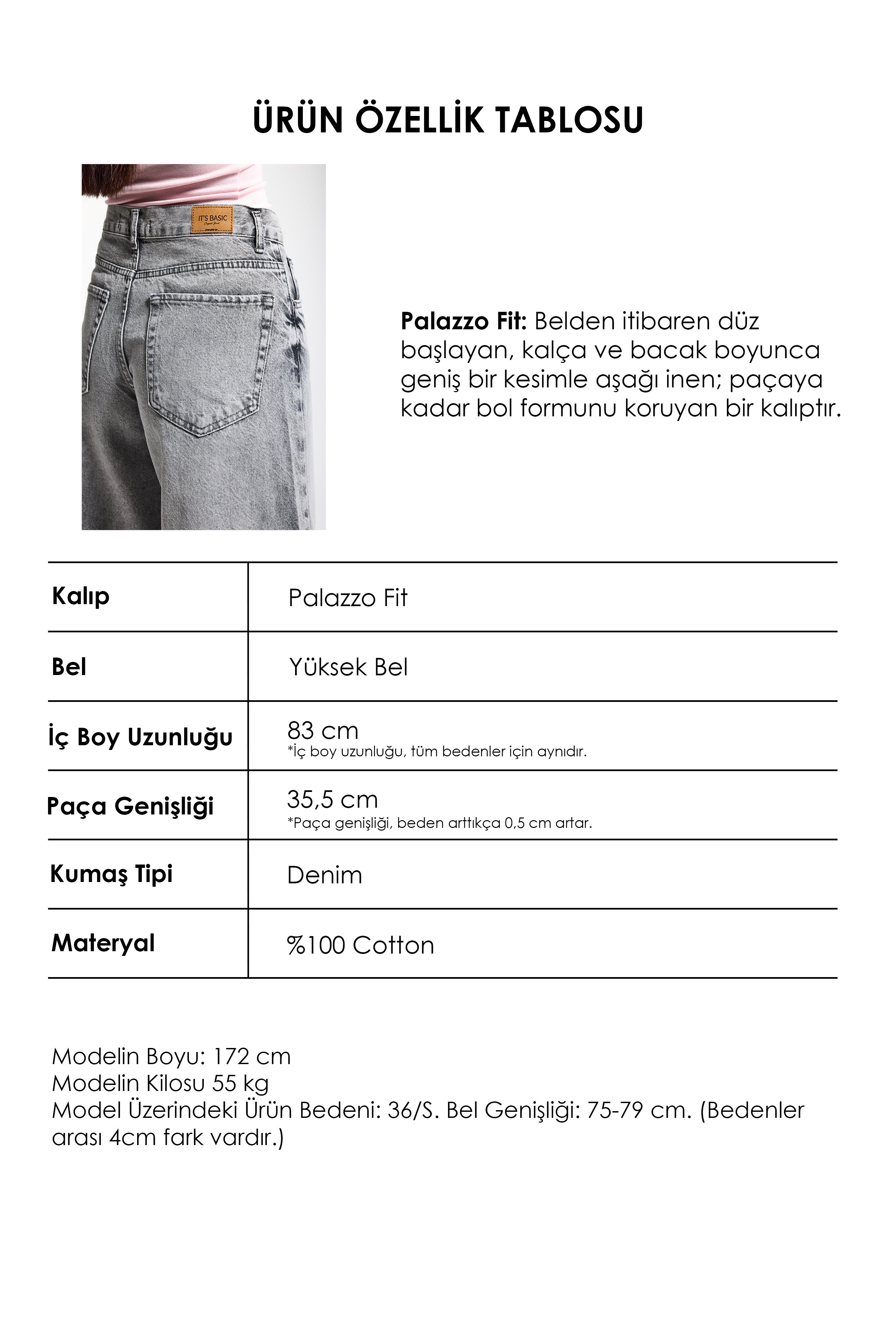 Kadın Gri Renk Hera 4s6-12 Palazzo Fit Bol Kesim %100 Koton Orta Bel Denim Jean