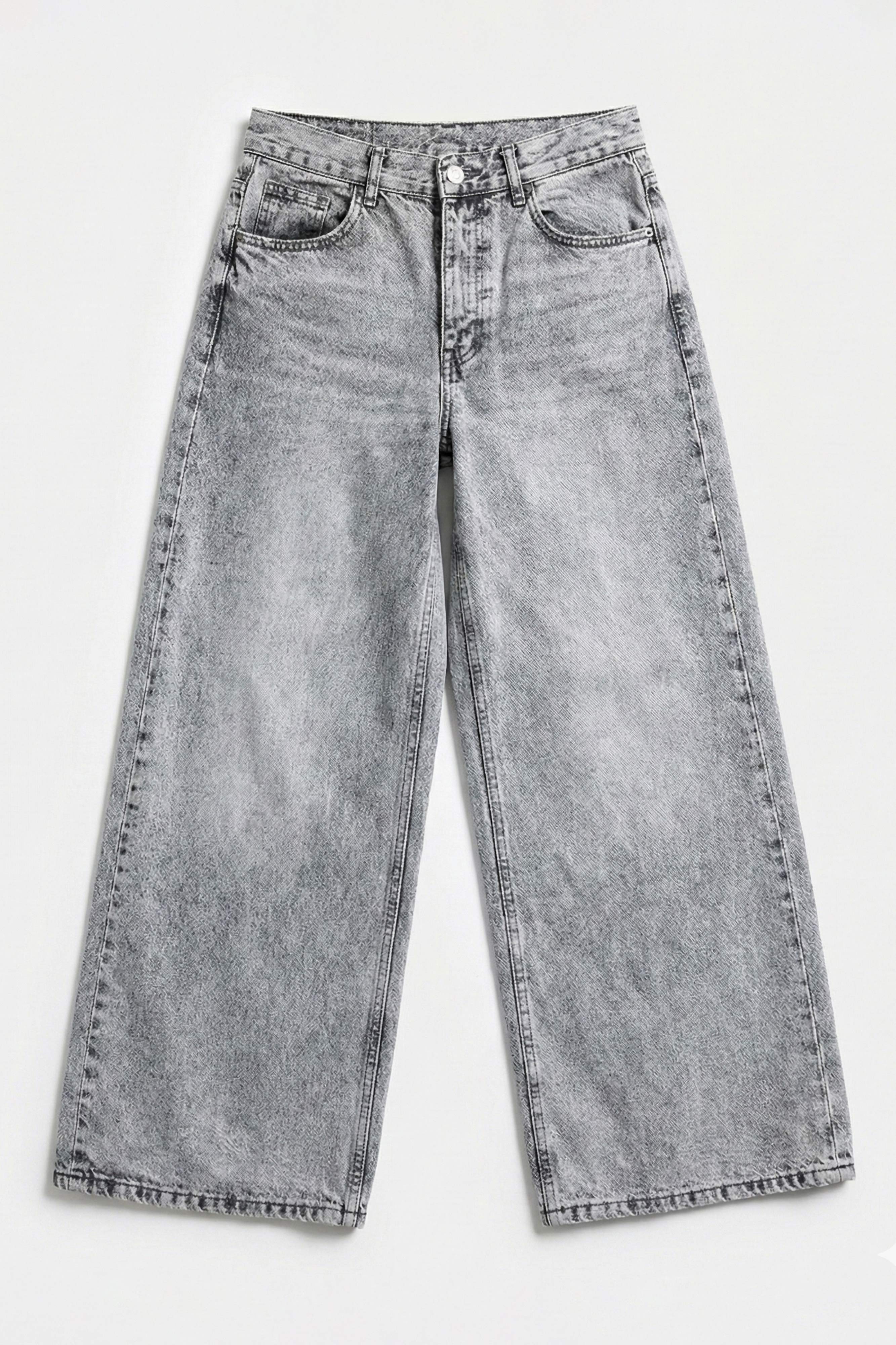 Kadın Gri Renk Hera 4s6-12 Palazzo Fit Bol Kesim %100 Koton Orta Bel Denim Jean