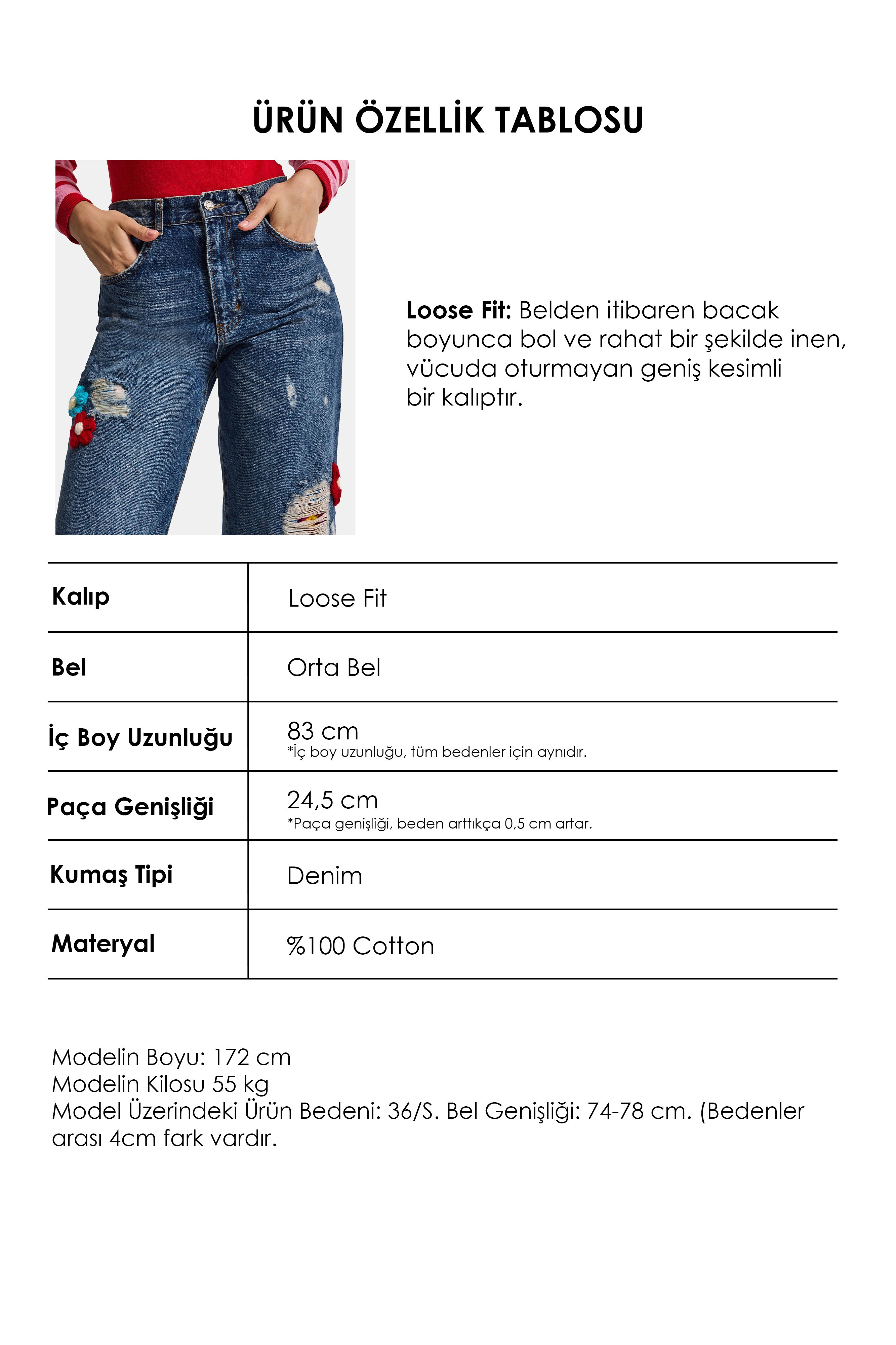 Kadın T.Kot Rengi Etnik Gül Desenli Loose Fit Tasarım Denim Jean