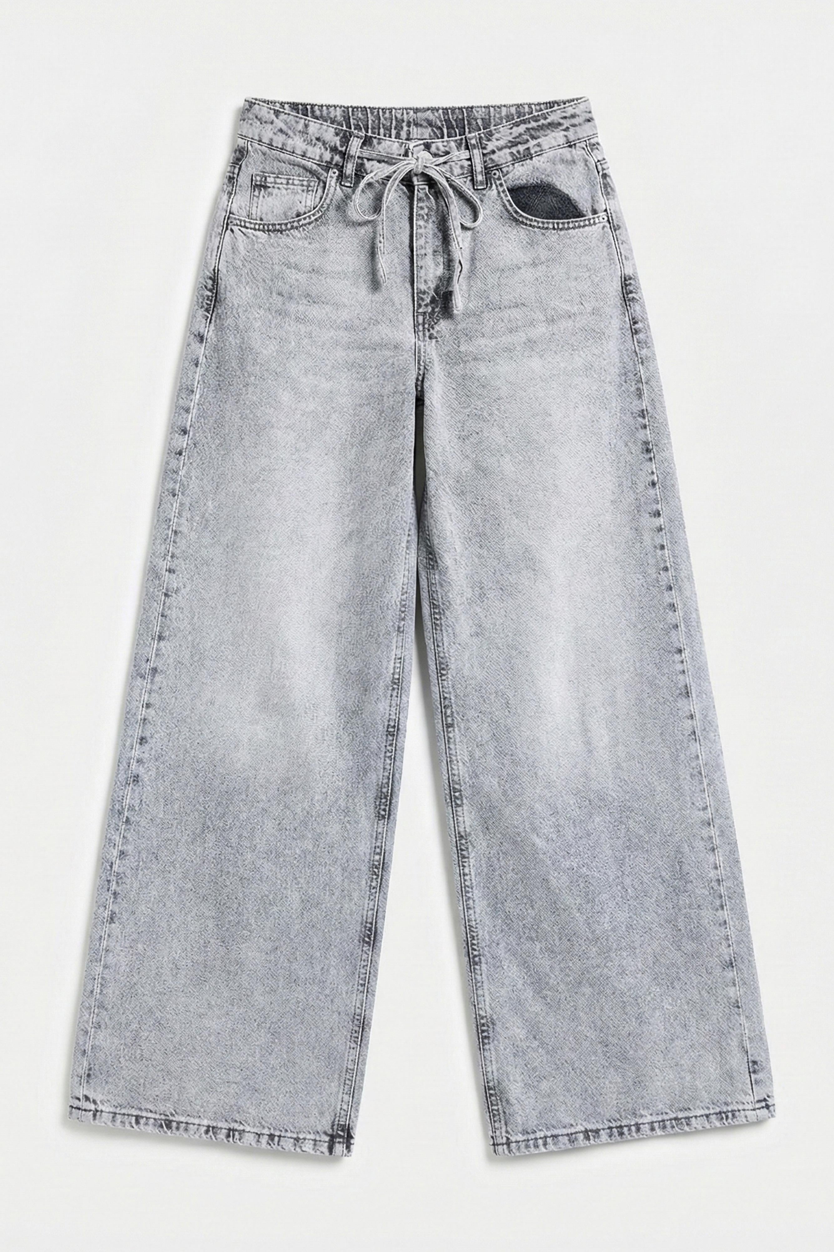 Kadın Gri 4s5-12 Palazzo Fit Bağcıklı %100 Koton Denim Jean