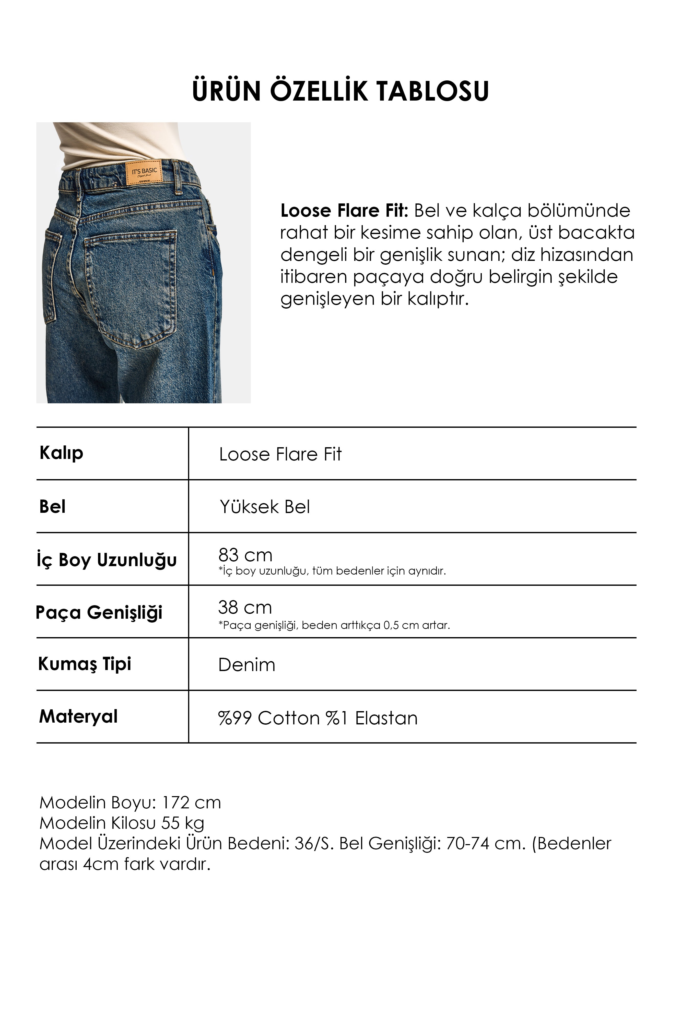 Kadın Tint Kot Rengi 2w5-8 MRY Flare Fit Komfort Kumaş İç Boy 83cm Denim Jean