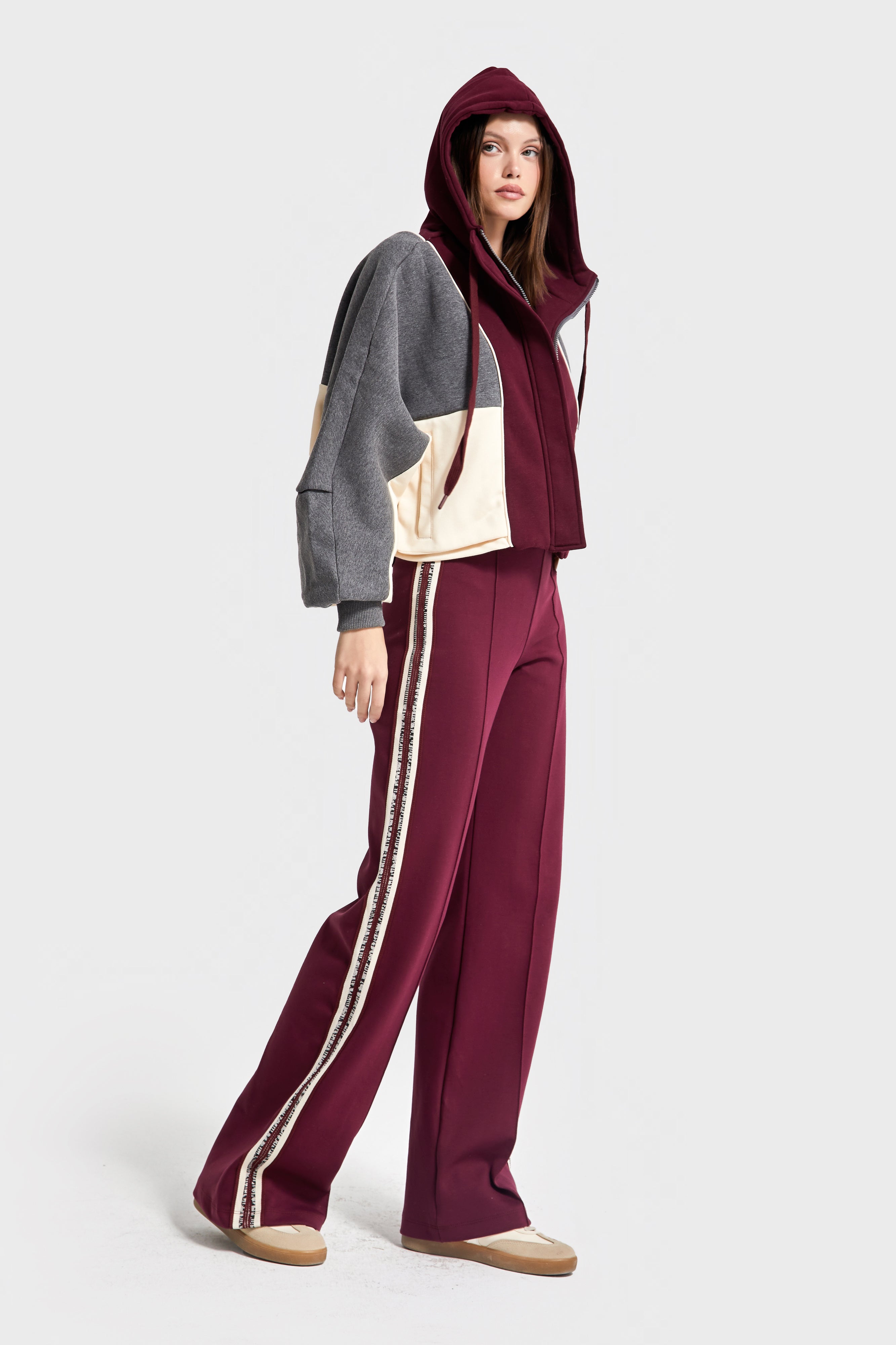 Kadın Bordo Renk w5-35 Örme Kumaş Polar ve Alt Eşofman 2'li Kombin Tasarım Takım