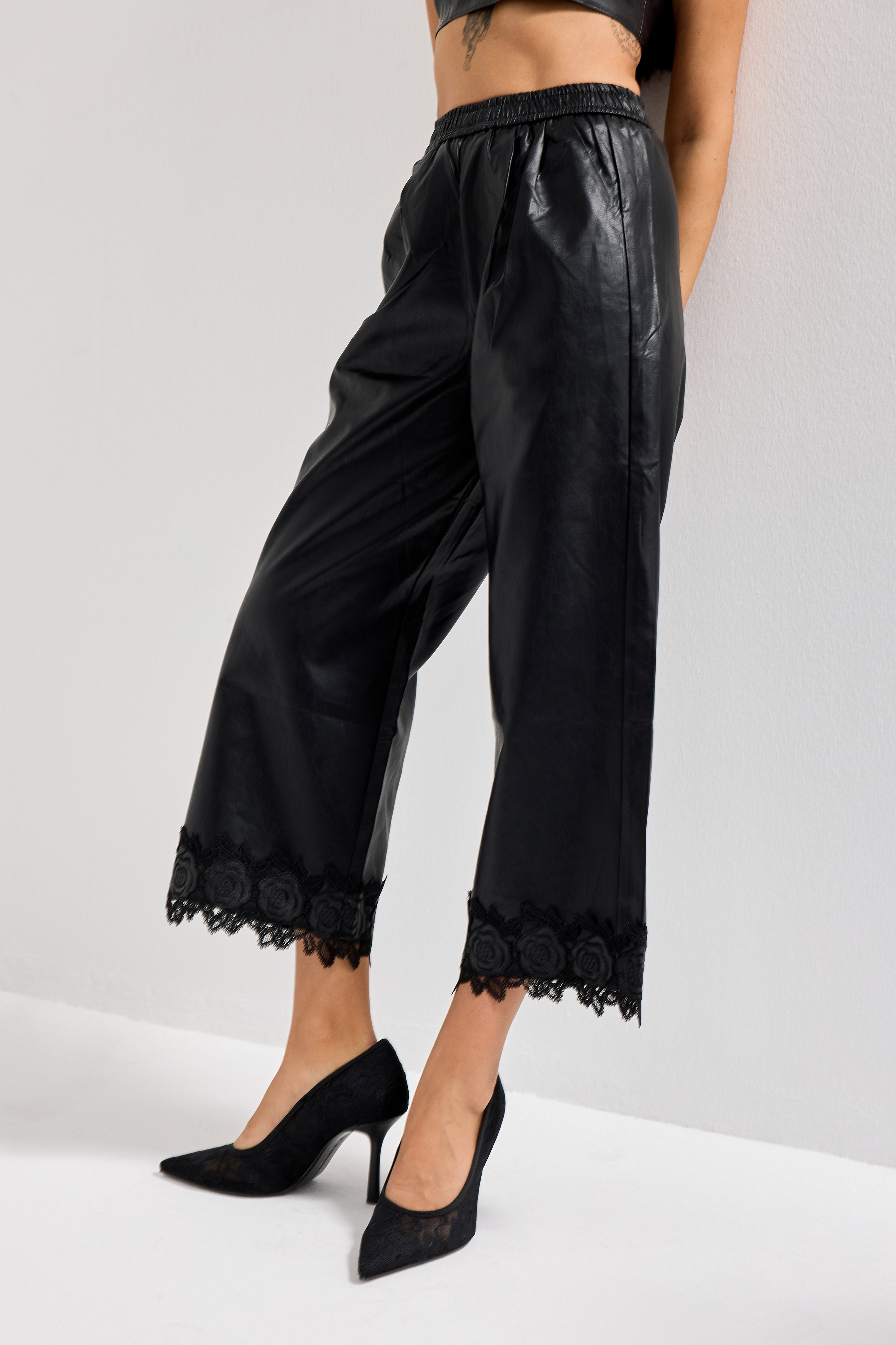 Women's Black Faux Leather Pants with Elastic Waist and Lace Trim Hems