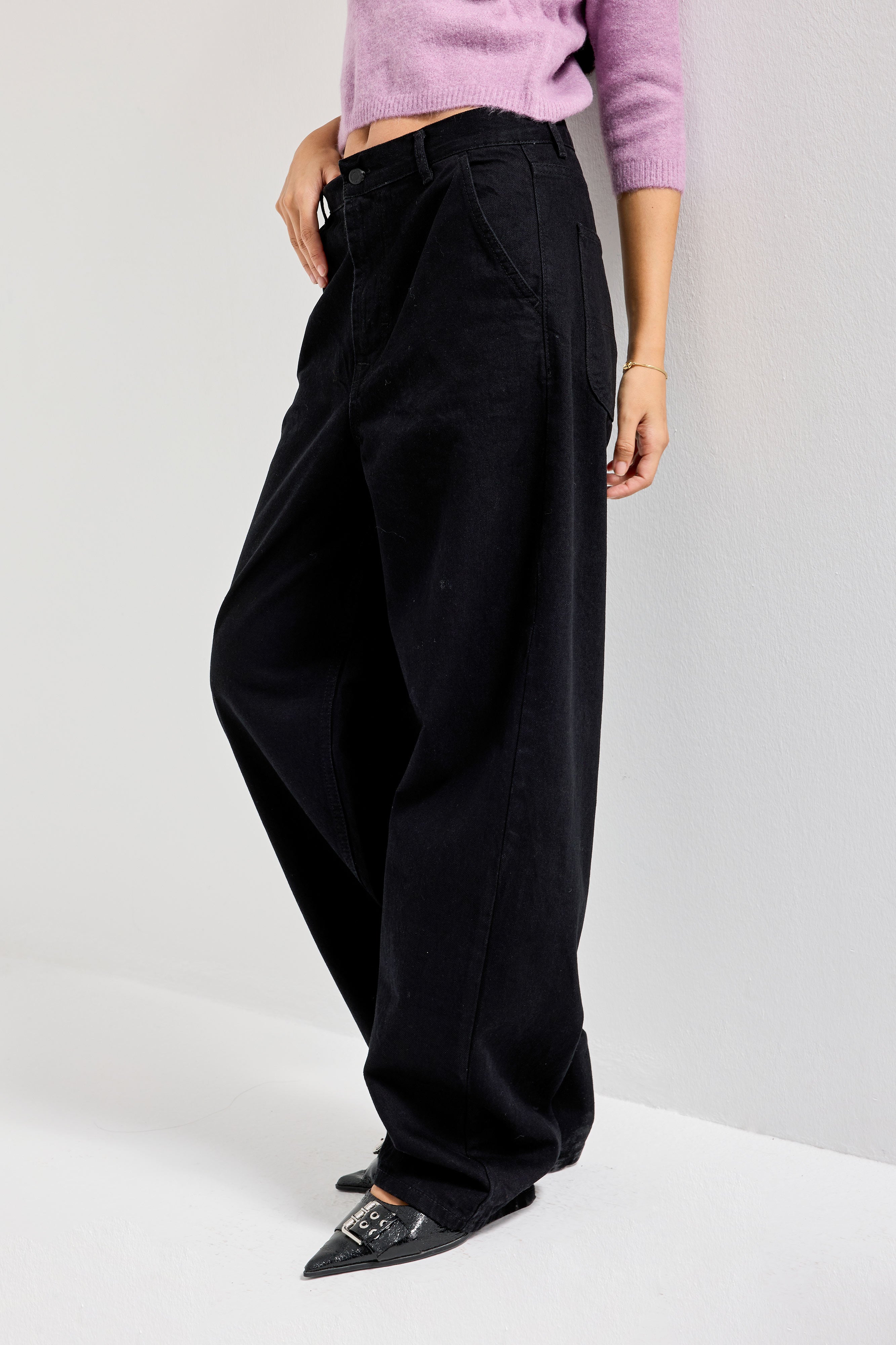 Women's Black Black Od Color Skater Fit Loose Cut Denim Trousers