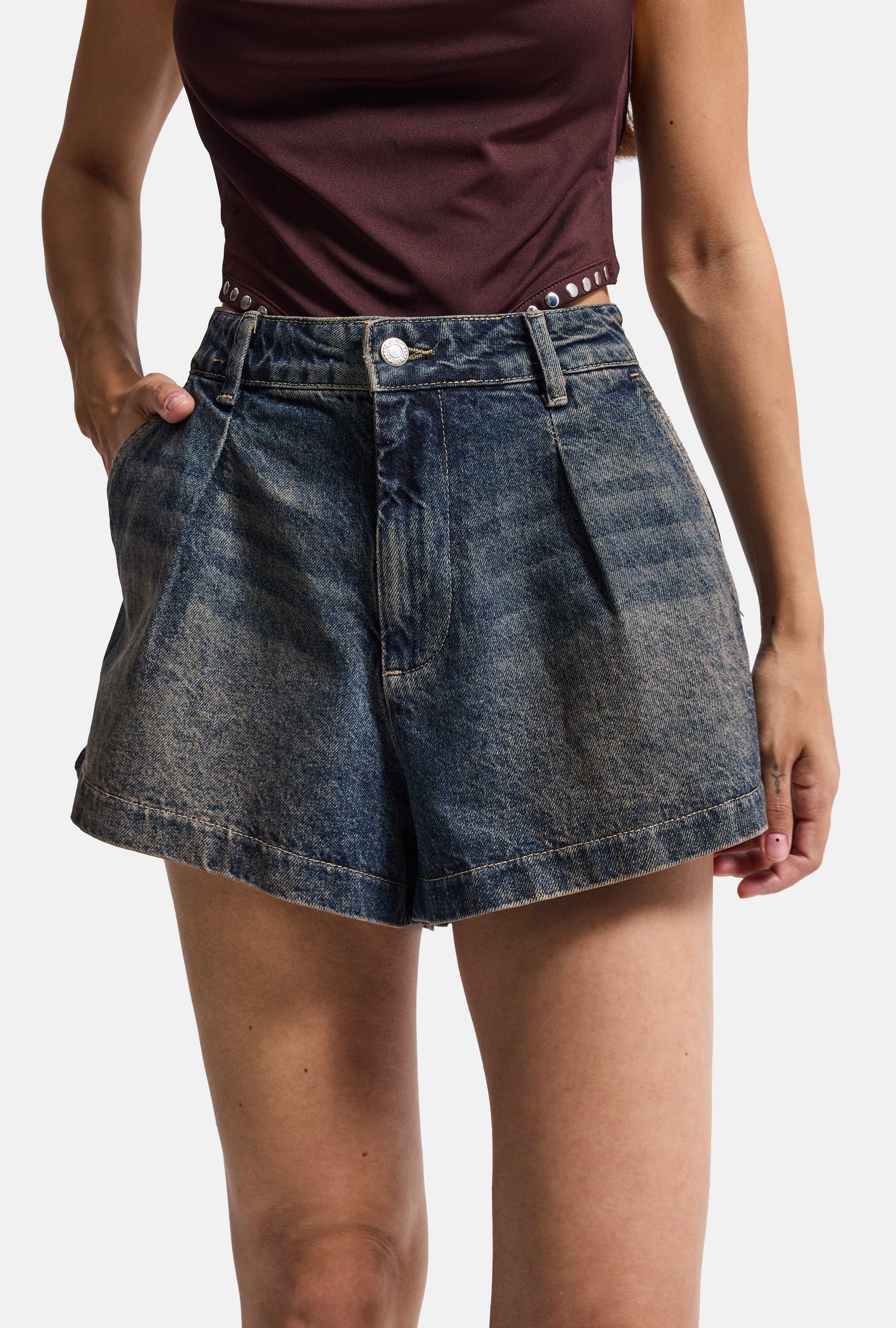 Women's Dark Blue Mini Pleated Denim Shorts