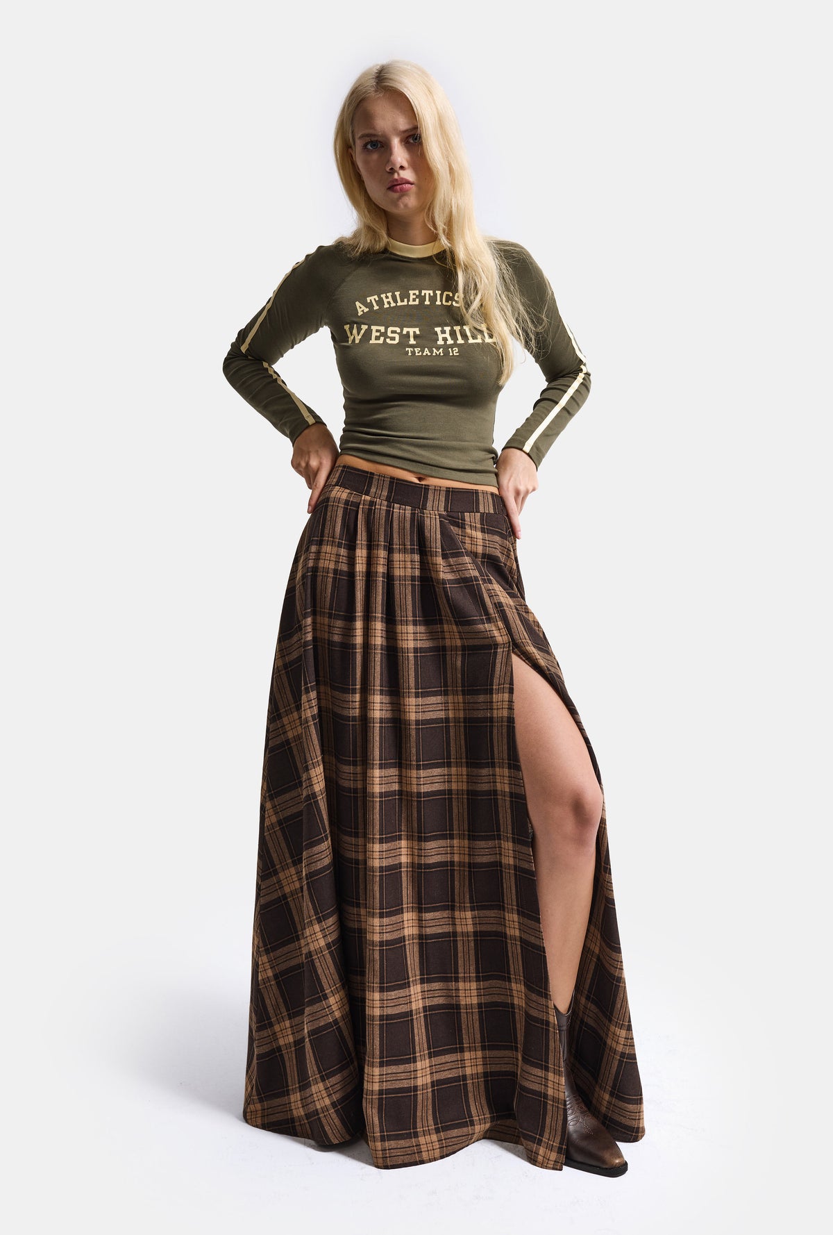Women's Coffee Plaid s6-14 Maxi Length Slit Detailed Cotton Skirt