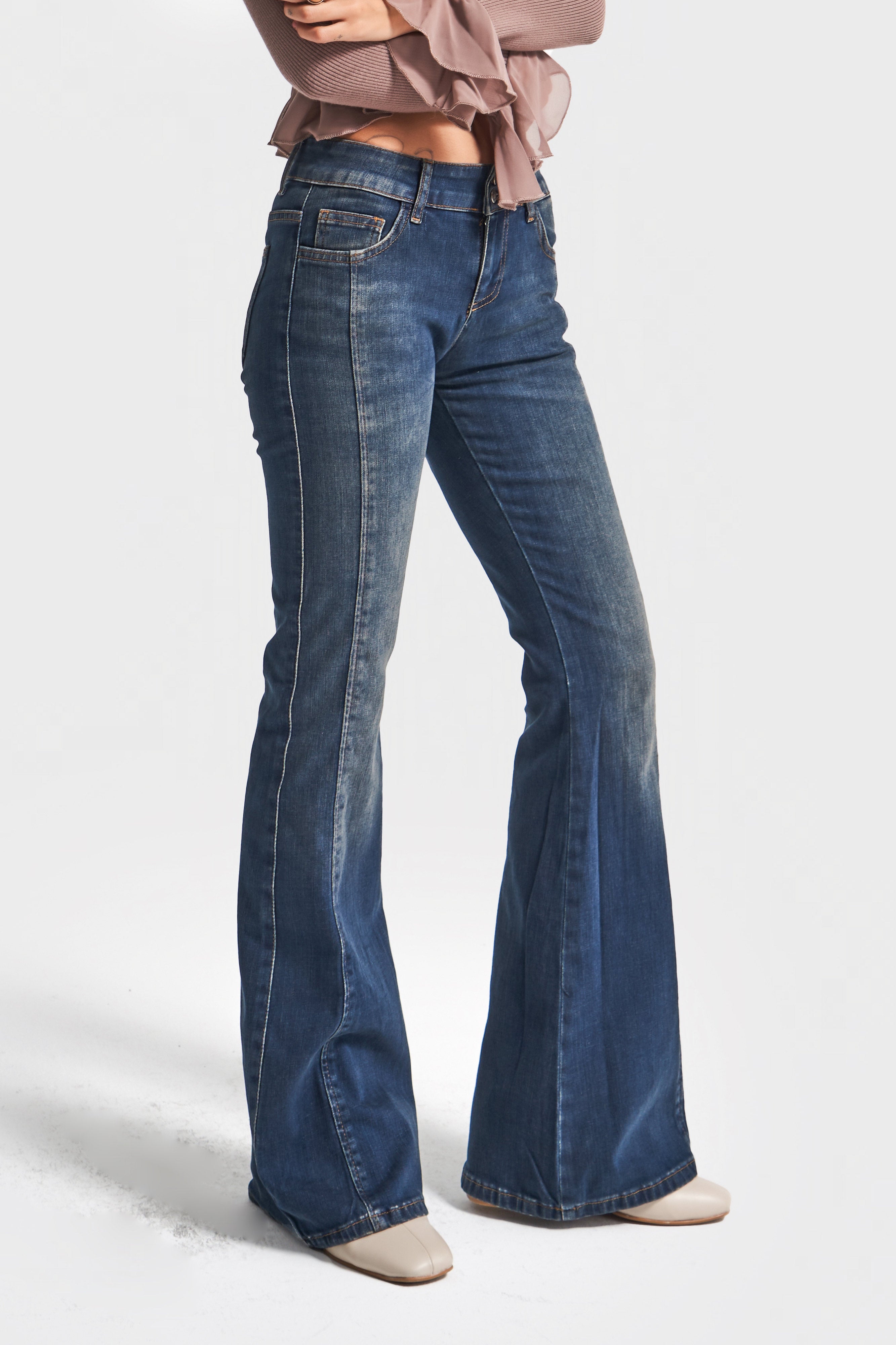 Kadın T.Kot Rengi 2w5-8 Mid Rise Flare Fit Süper Esnek Kumaş İspanyol Paça Denim Jean