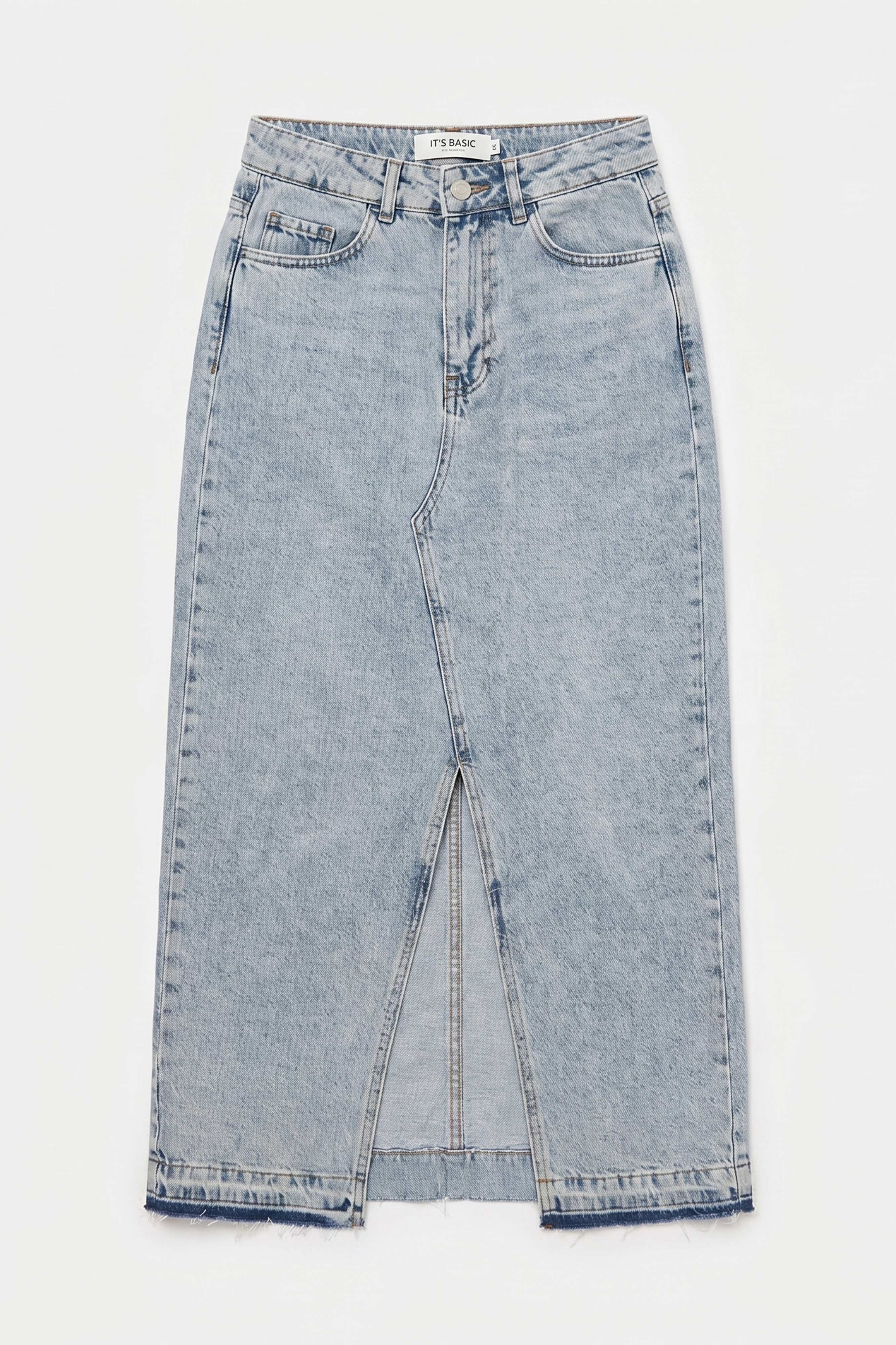 Kadın Snow Kot Rengi Derin Yırtmaçlı Yüksek Bel Uzun Denim Etek