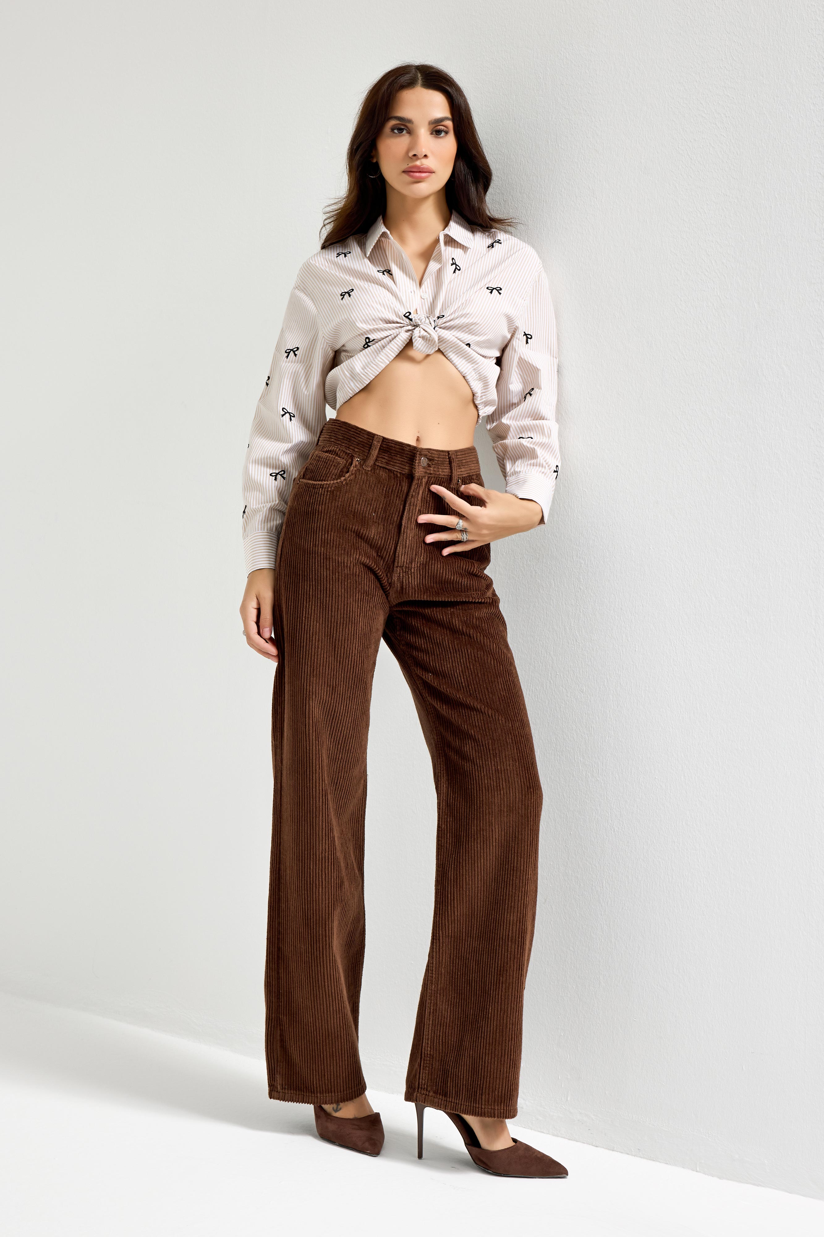 Kadın Kahverengi Doris 26w5-42 Straight Fit Yüksek Bel İç Boy 80cm Kalın Fitilli Kadife Velvet Kumaş Pantolon