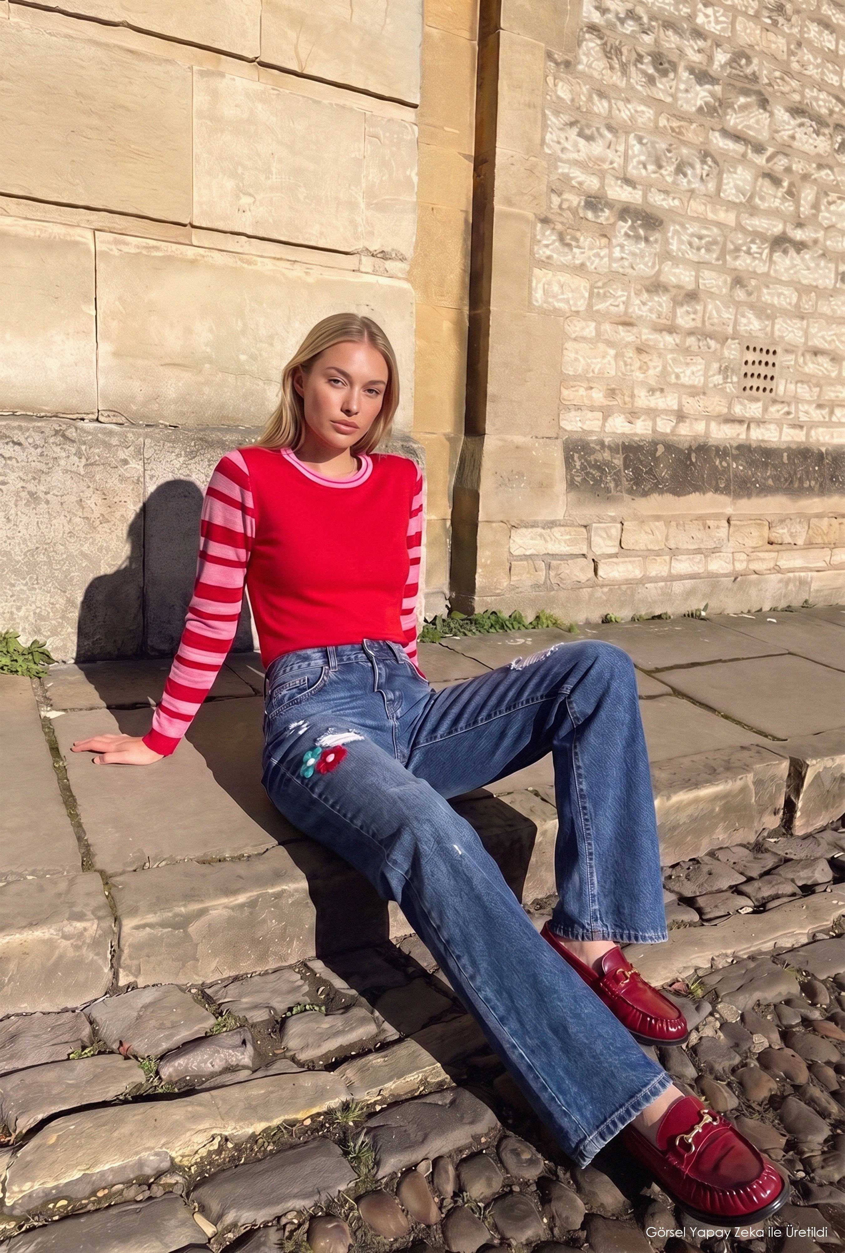 Kadın T.Kot Rengi Etnik Gül Desenli Loose Fit Tasarım Denim Jean
