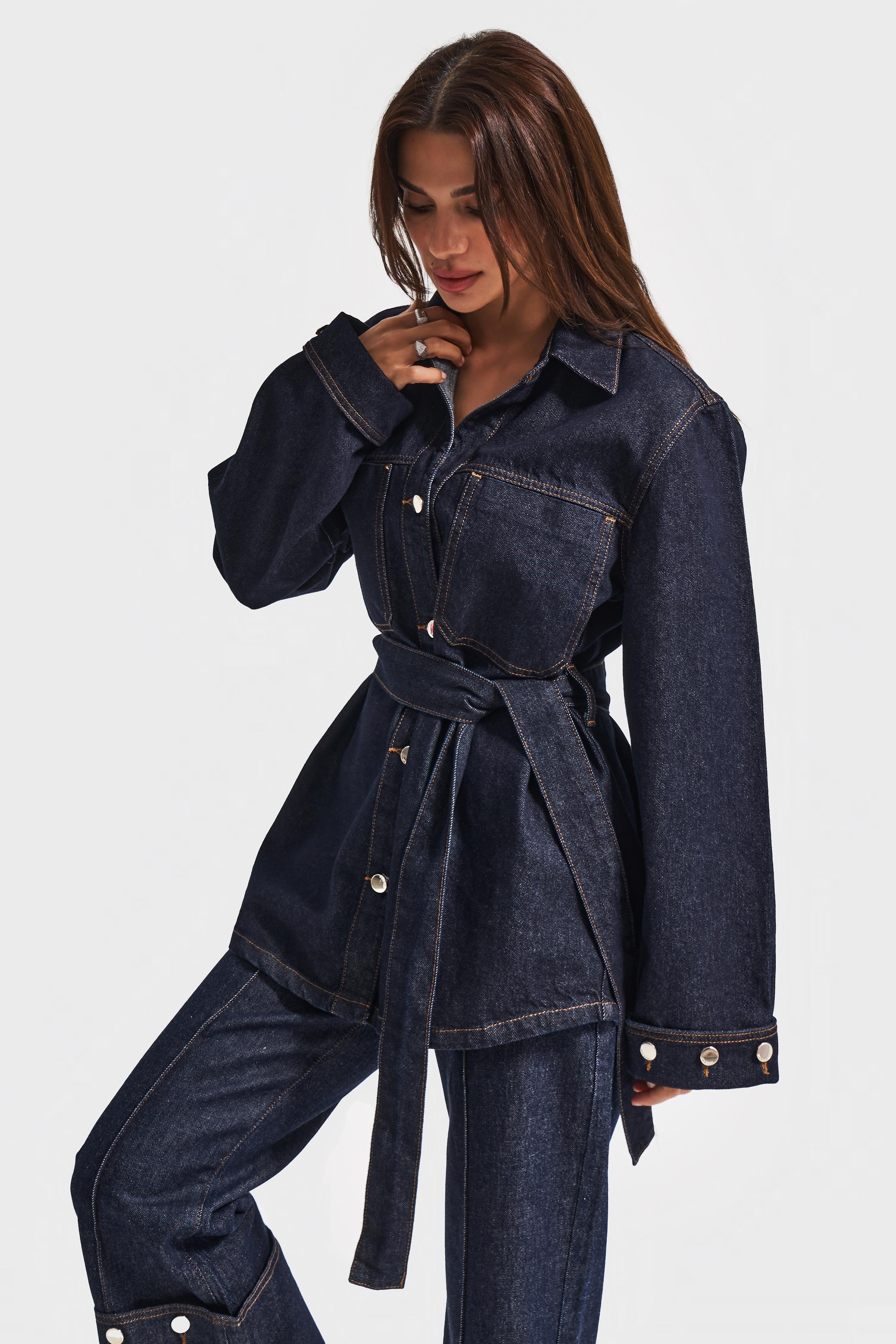 Kadın İndigo Renk 7w5-50 Kemer Detaylı %100 Koton Denim Trençkot