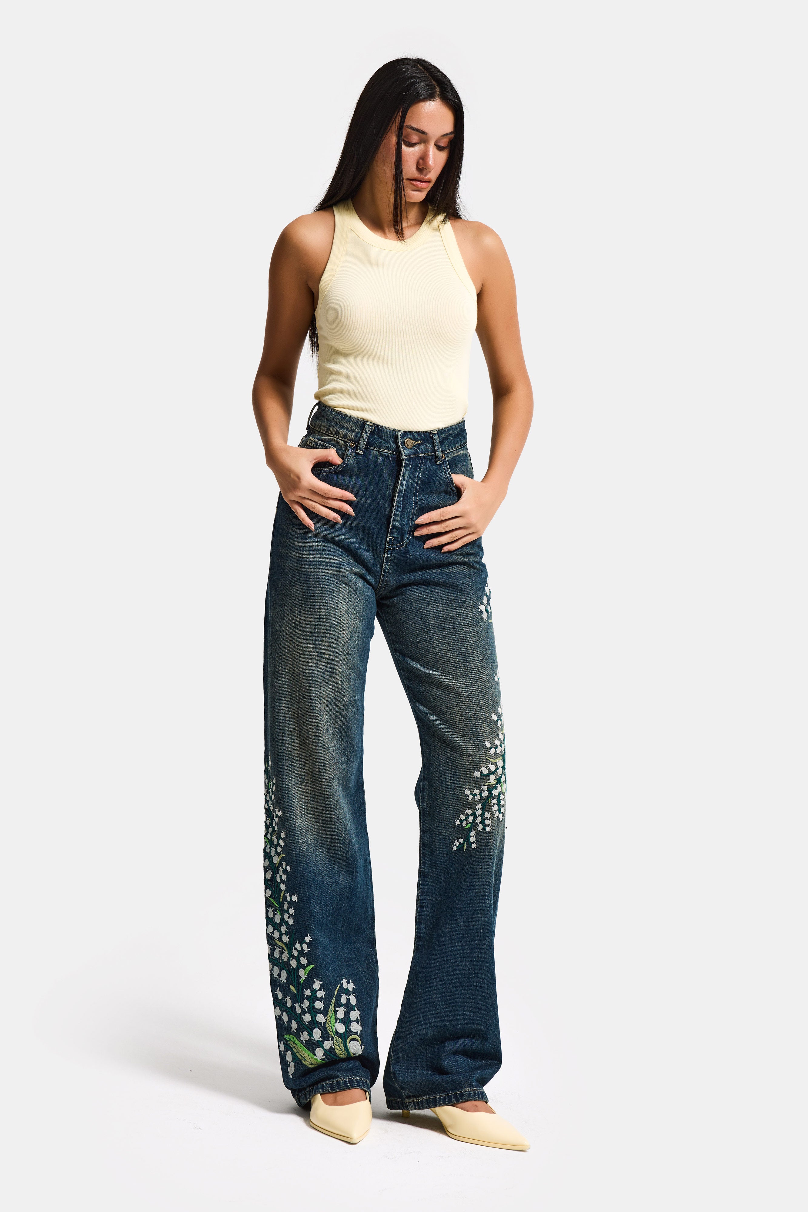 Kadın T.Kot Rengi 2w5-31 Straight Fit Yüksek Bel Özel Çiçek Kuş Nakışlı Tasarım Denim Jean