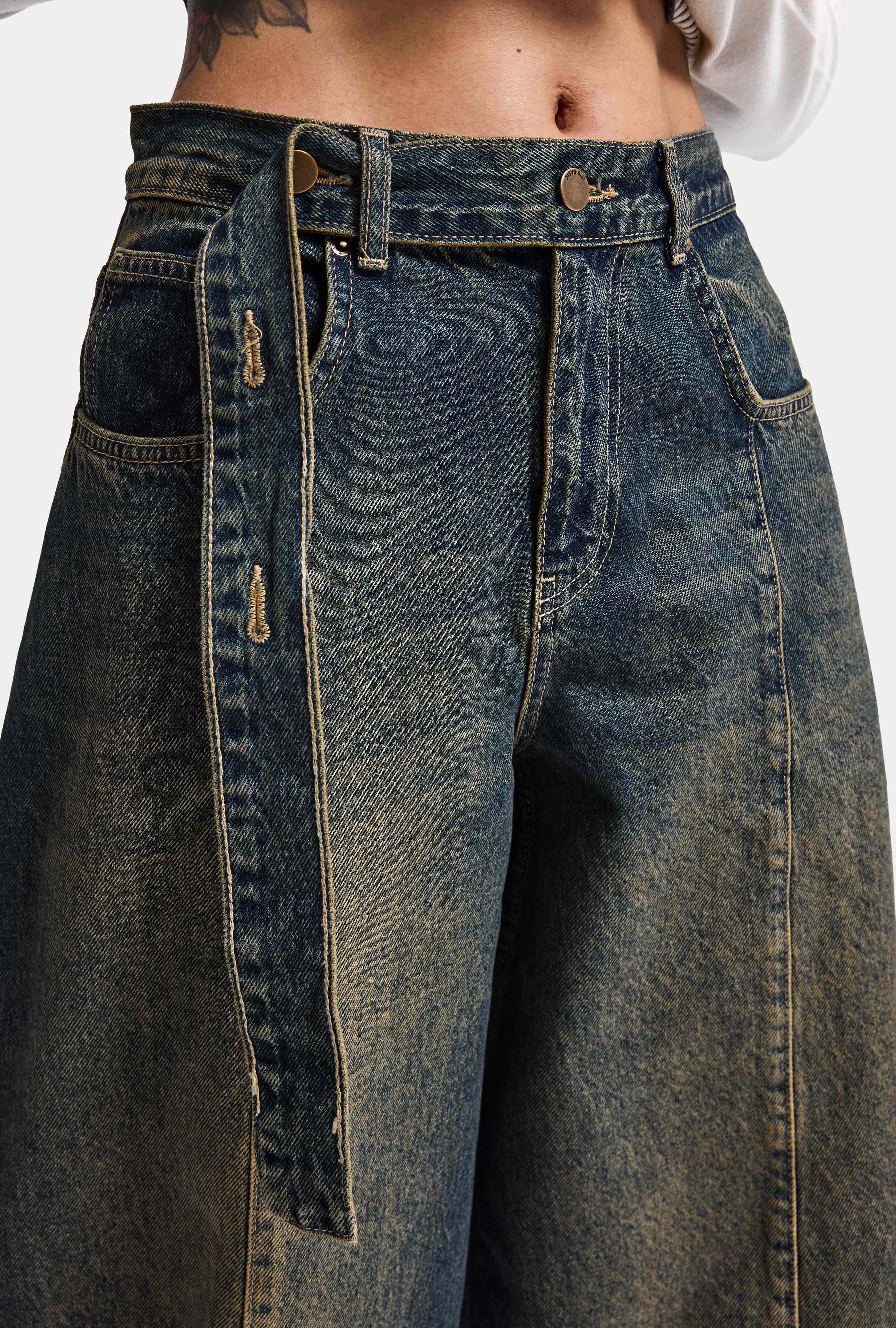 Kadın Tint Kot Rengi 2w6-11 Baggy Kemerli Orta Bel Denim Jean