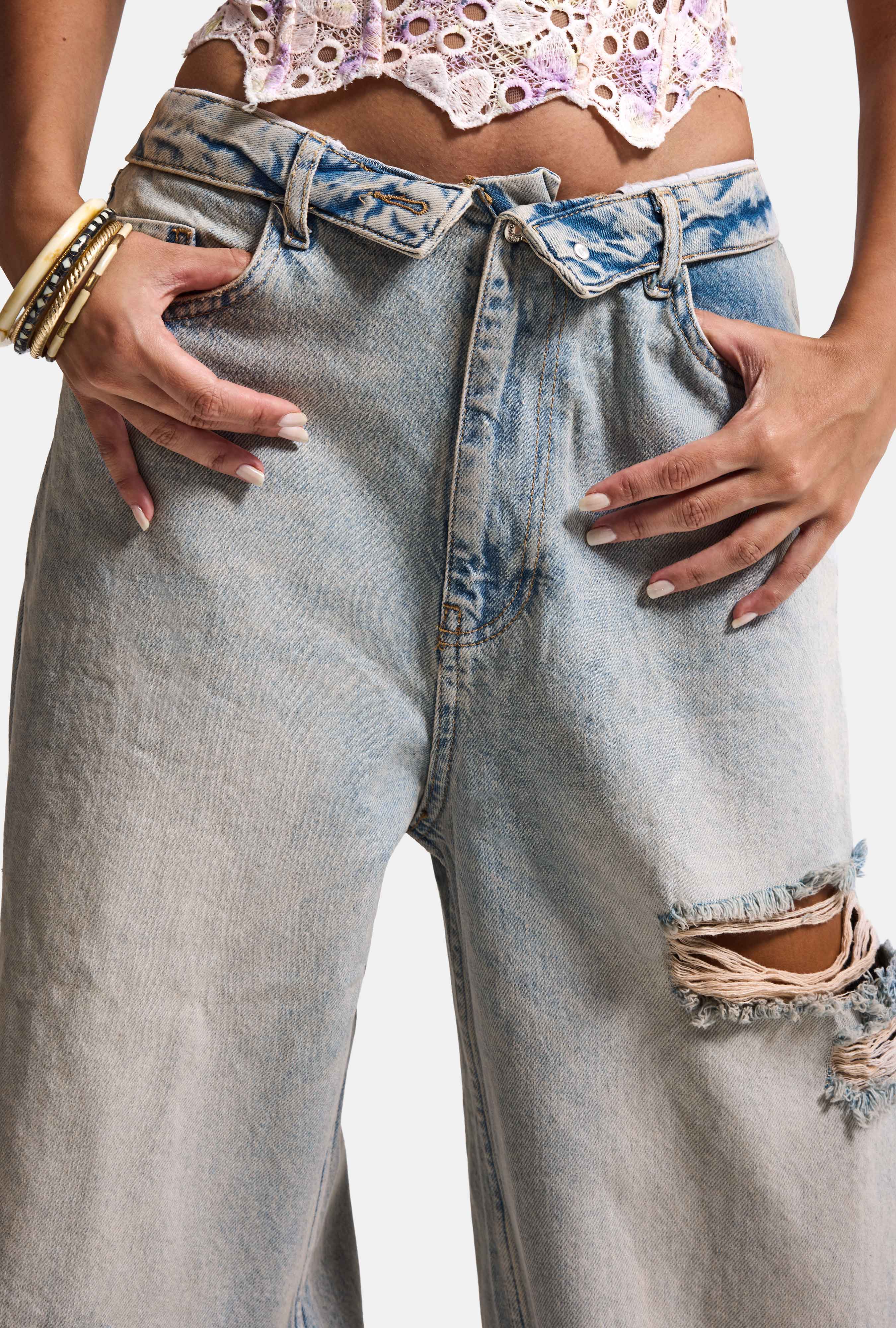 Kadın Kot Rengi 12s6-32 Straight Fit Kemer Detaylı Özel Tasarım Denim Jean