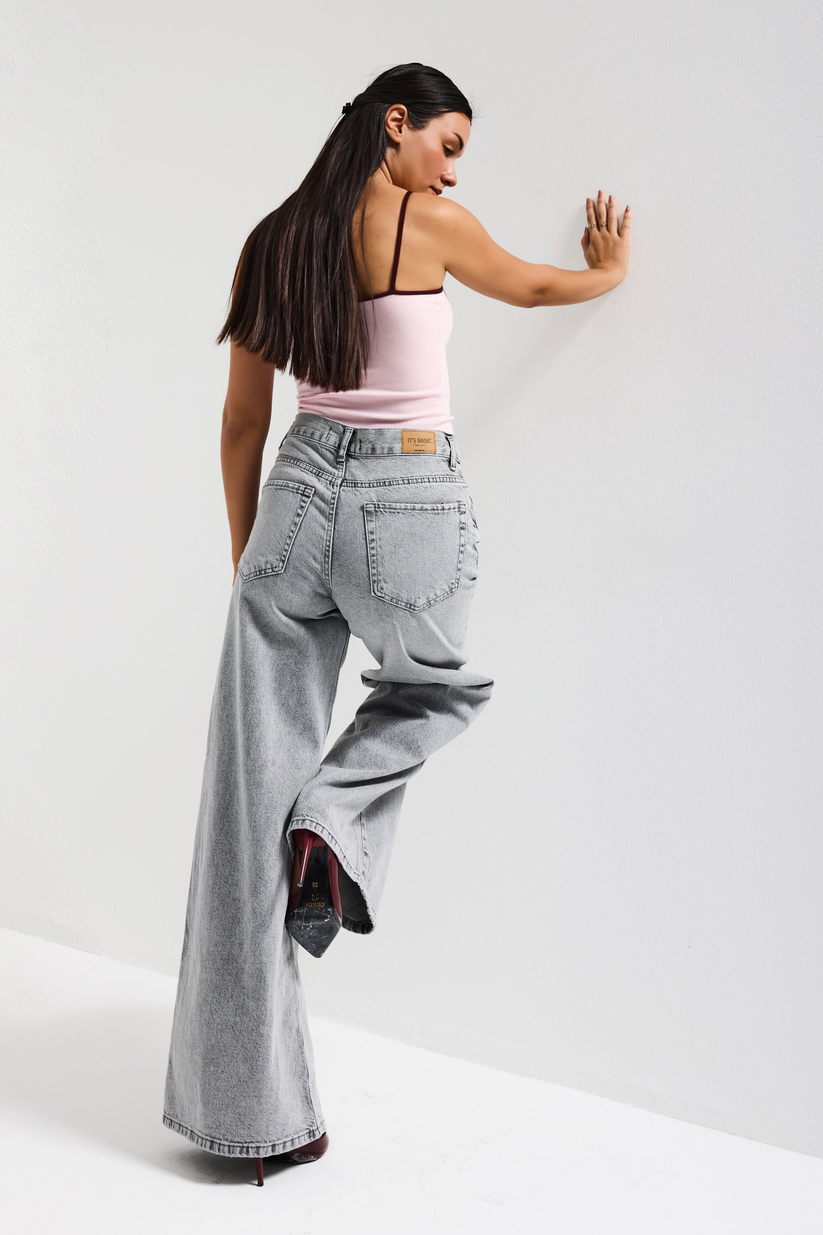 Kadın Gri Renk Hera 4s6-12 Palazzo Fit Bol Kesim %100 Koton Orta Bel Denim Jean