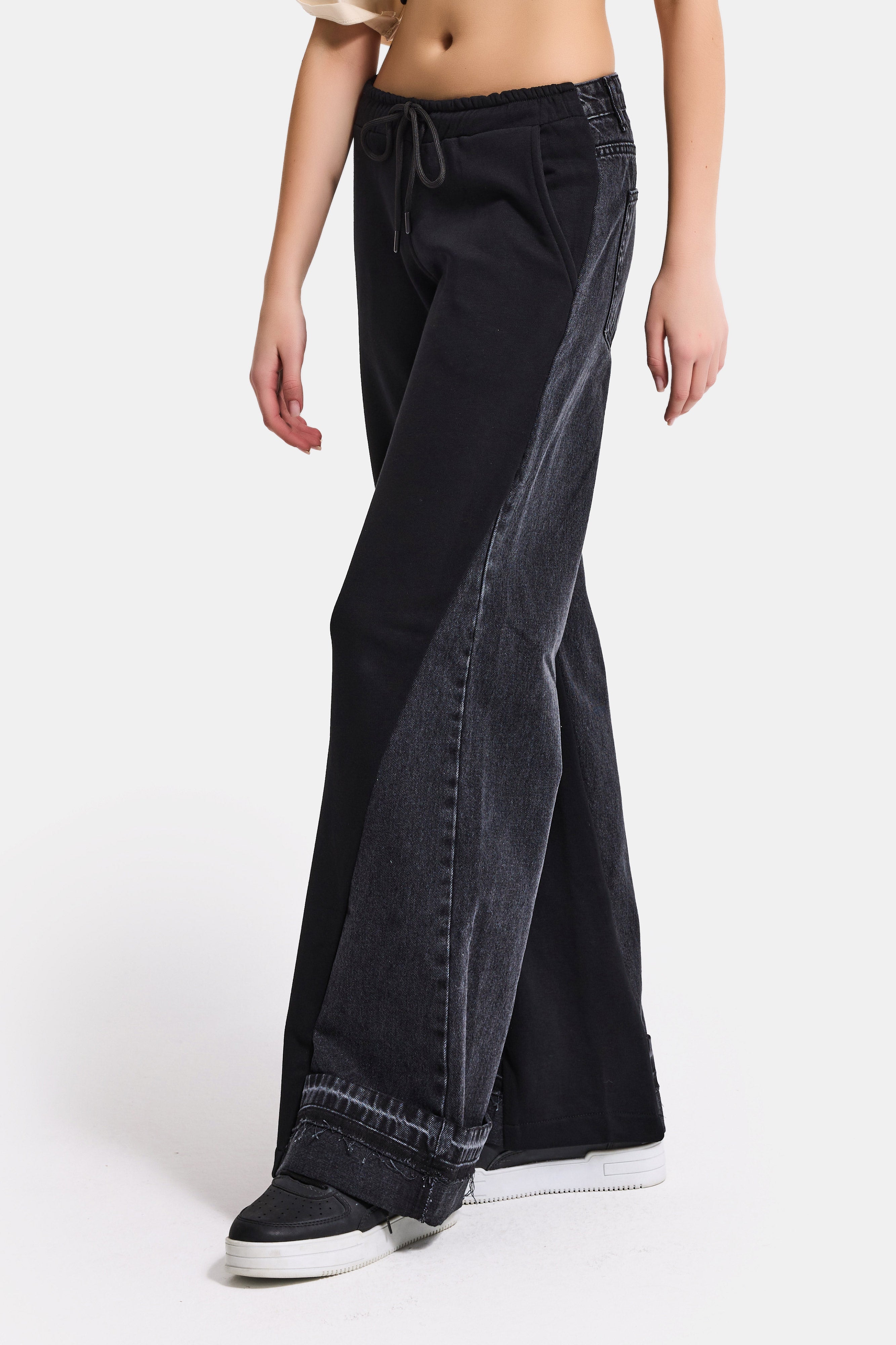 Women's Black Color 2w41 Knitted Denim Piece Loose Fit Design Trousers