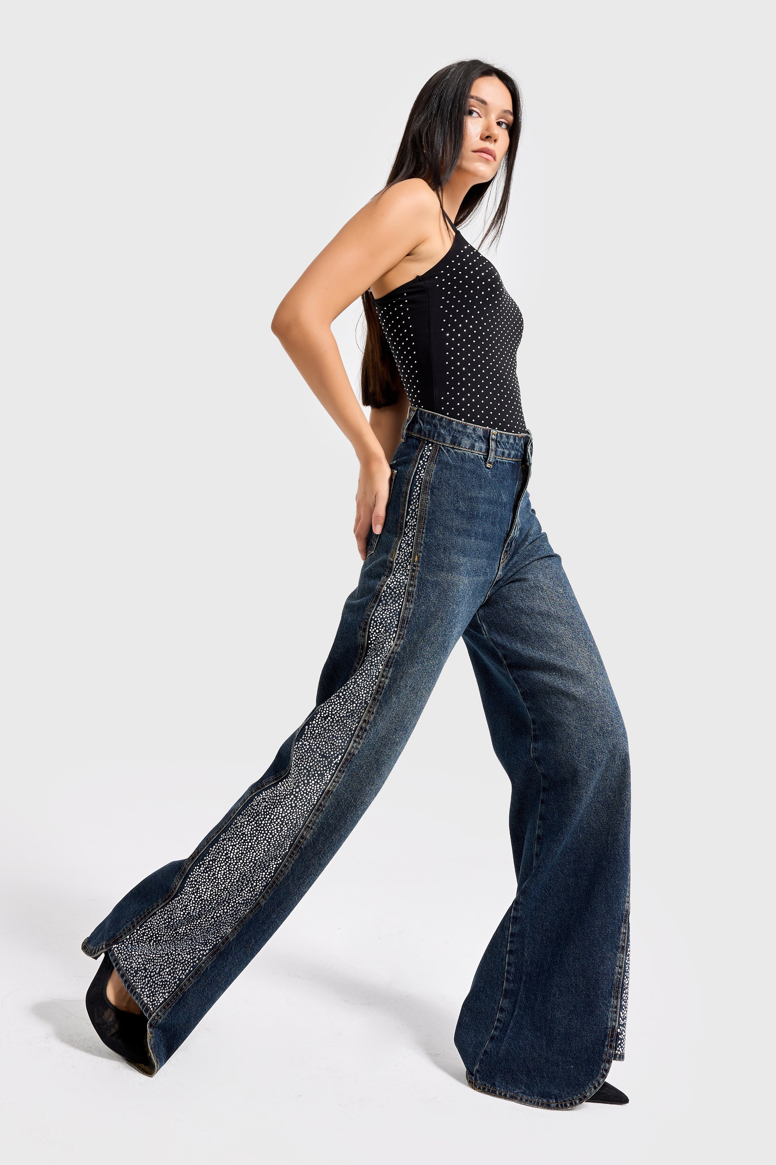 Женские джинсы T.Jeans, цвет 2w49, блестящий, с отделкой из камня, с широкими штанинами, дизайн деним