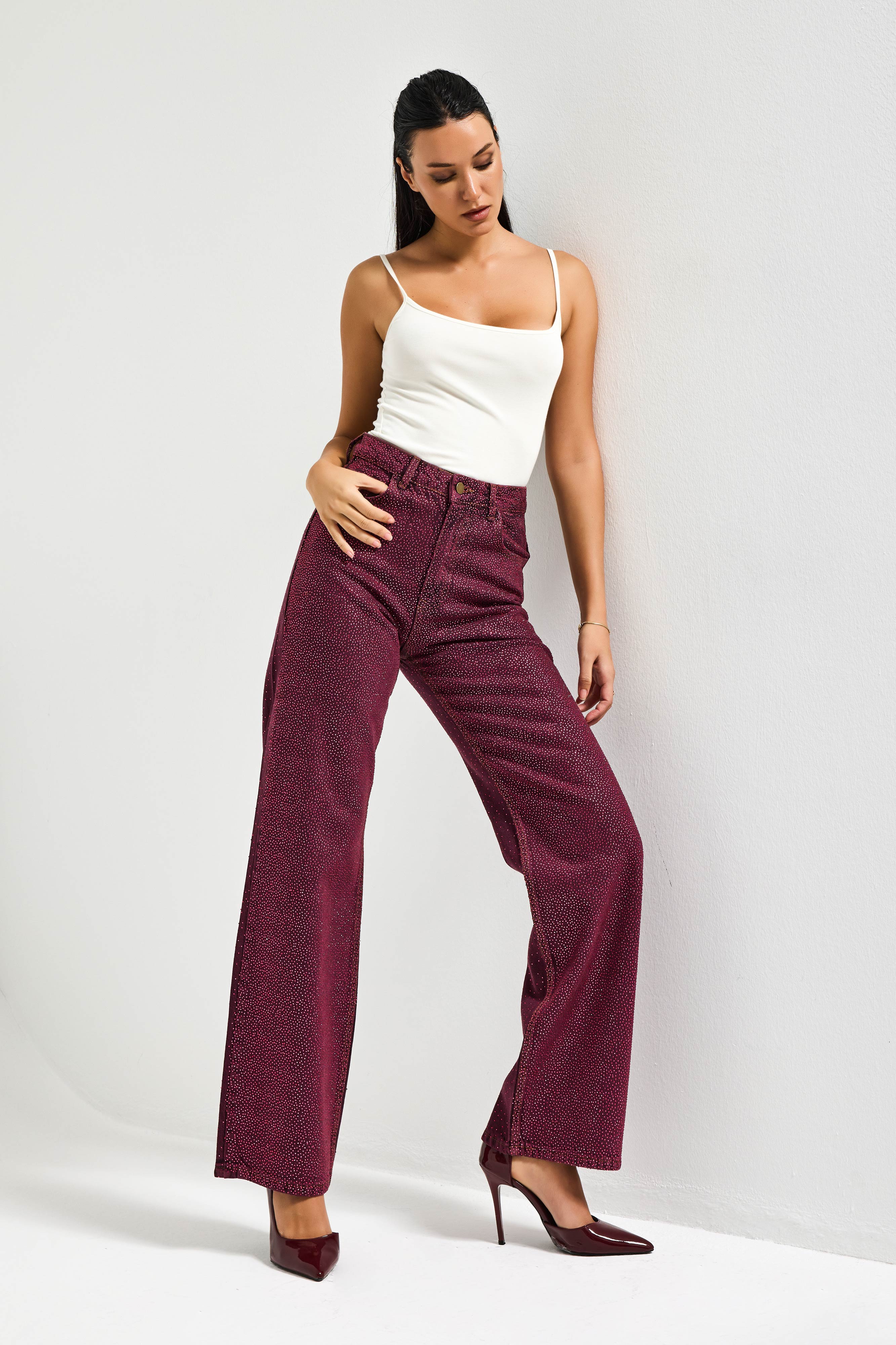 Kadın Bordo Renk T3-20w5-98 Straight Fit Yüksek Bel Ön ve Arka Parlak Taşlı Özel Tasarım Denim Jean