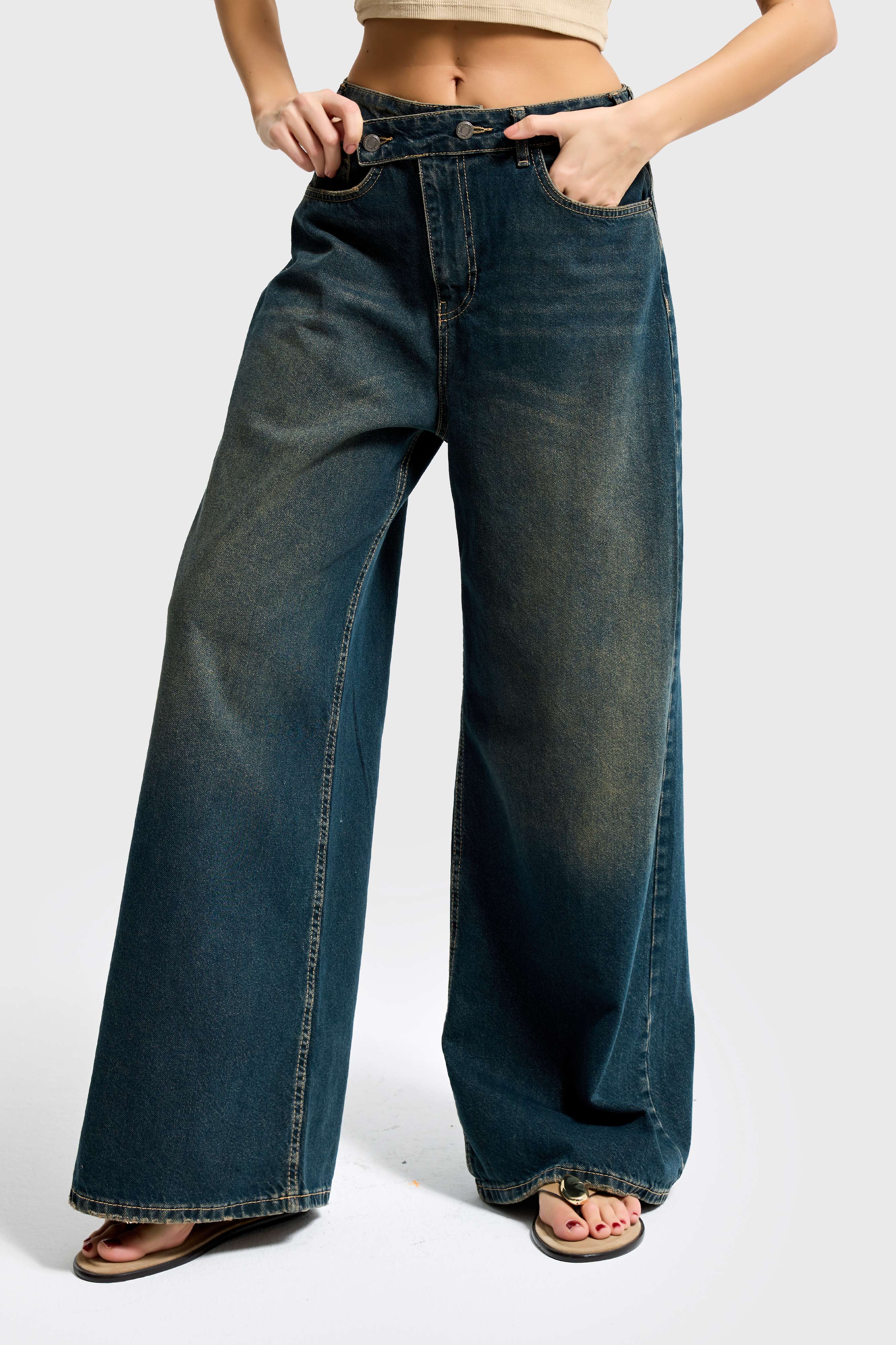 Kadın Koyu Tint Renk Mega Baggy Fit Bol Kesim Denim