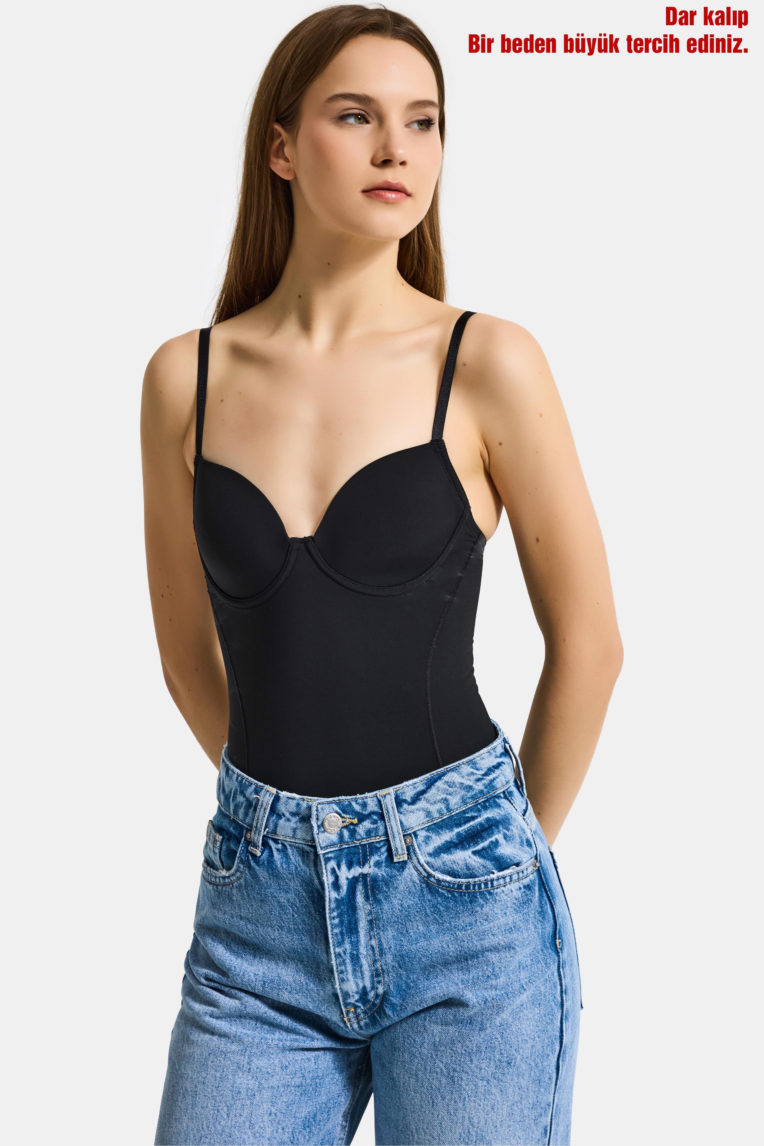 Kadın Siyah w5 Çıtçıtlı Toparlayıcı Dantel Detaylı Destekli Cup Tasarım Askılı Body