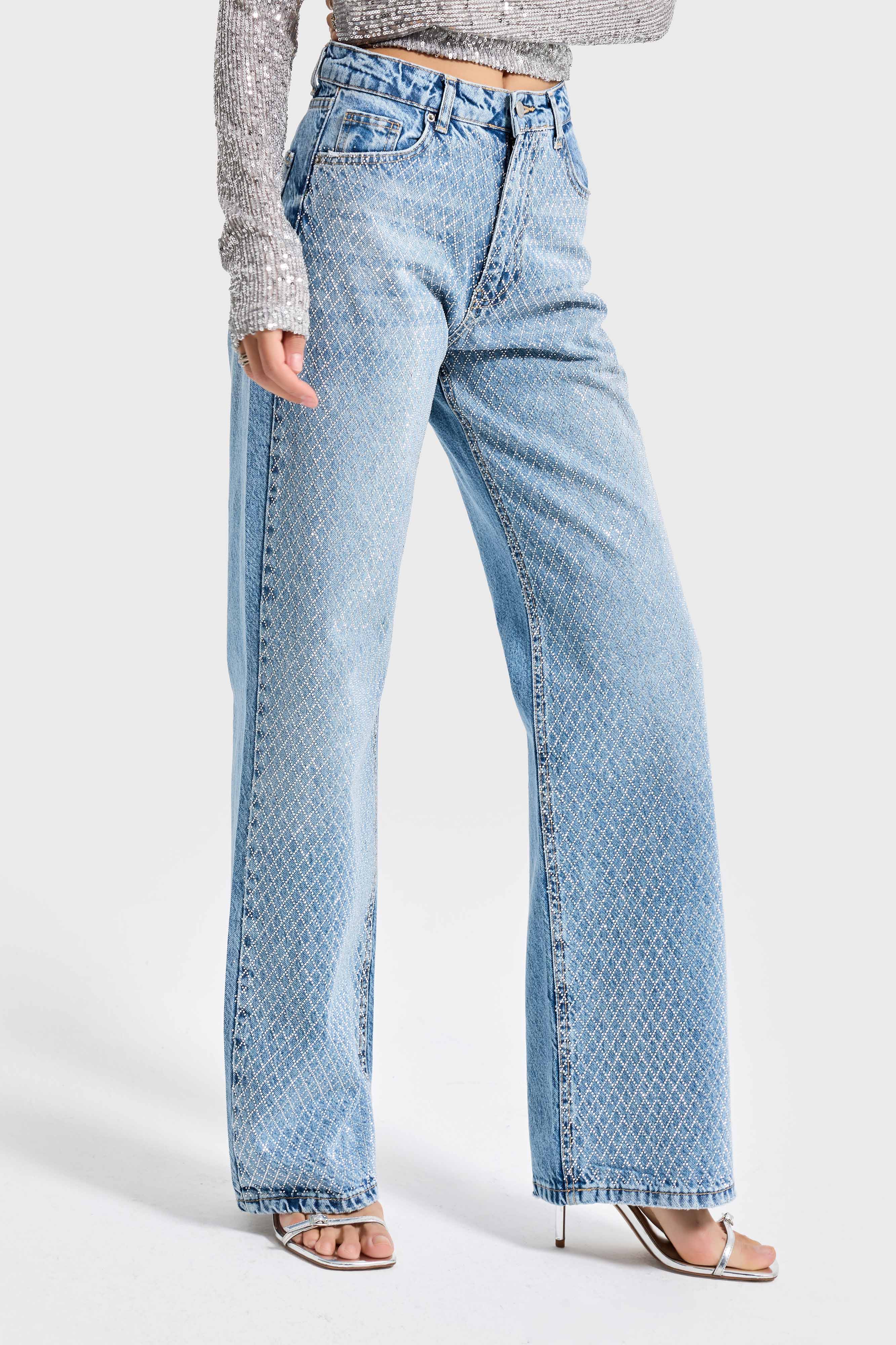 Kadın Kot Rengi Doris T34S527 Parlak Taşlı Tasarım Straight Fit Denim