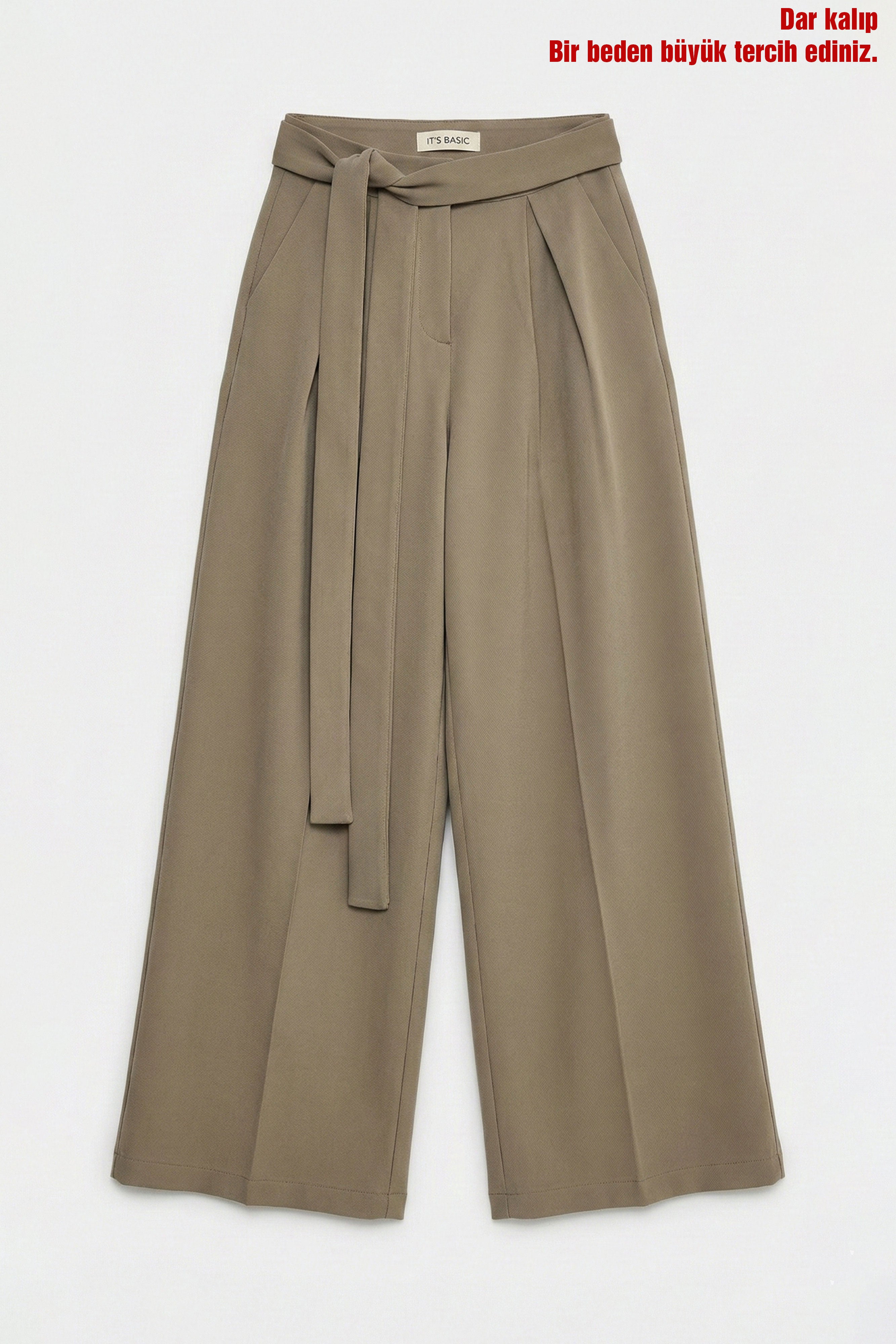 Kadın Vizon w5 Palazzo Fit Özel Kumaş Kemer Detaylı Tasarım Pantolon