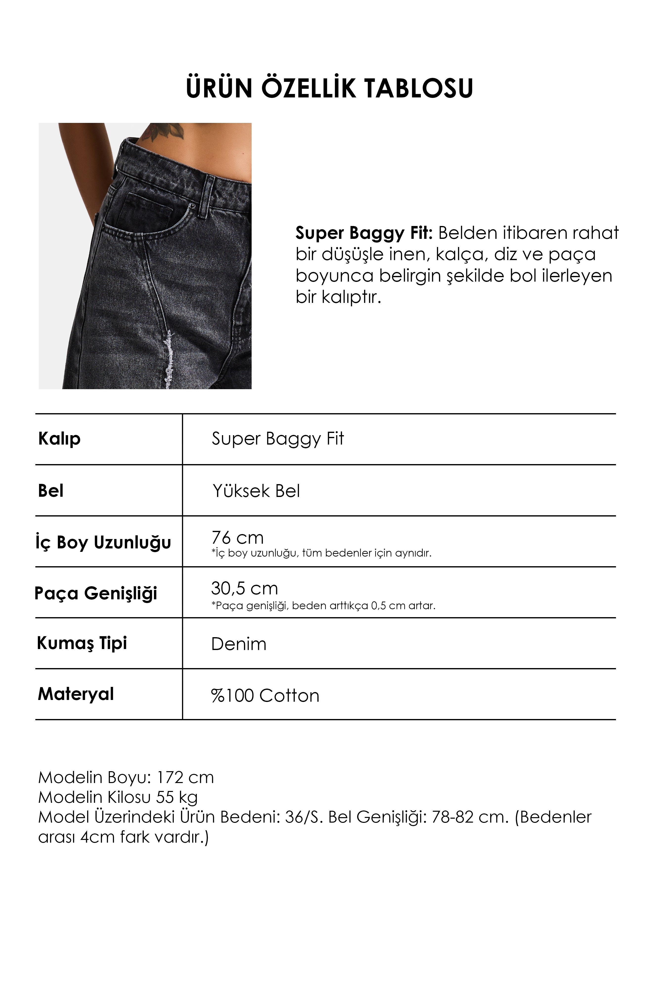 Kadın Füme Renk 4s6-14 Süper Baggy Paça Detaylı Tasarım Denim Jean