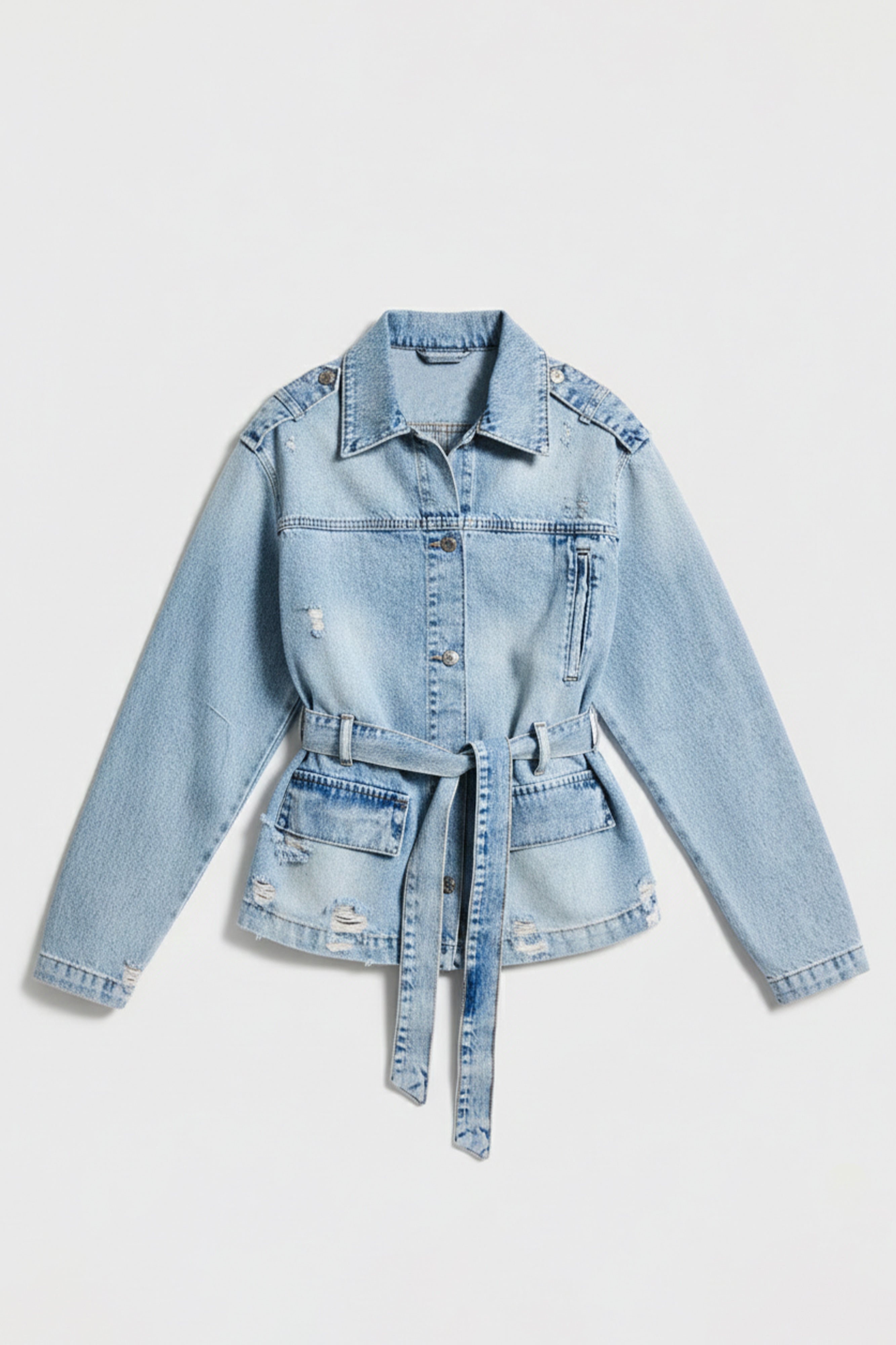 Kadın Ice 12s6-32 Oversize Kemer Detaylı Yırtık %100 Koton Denim Ceket