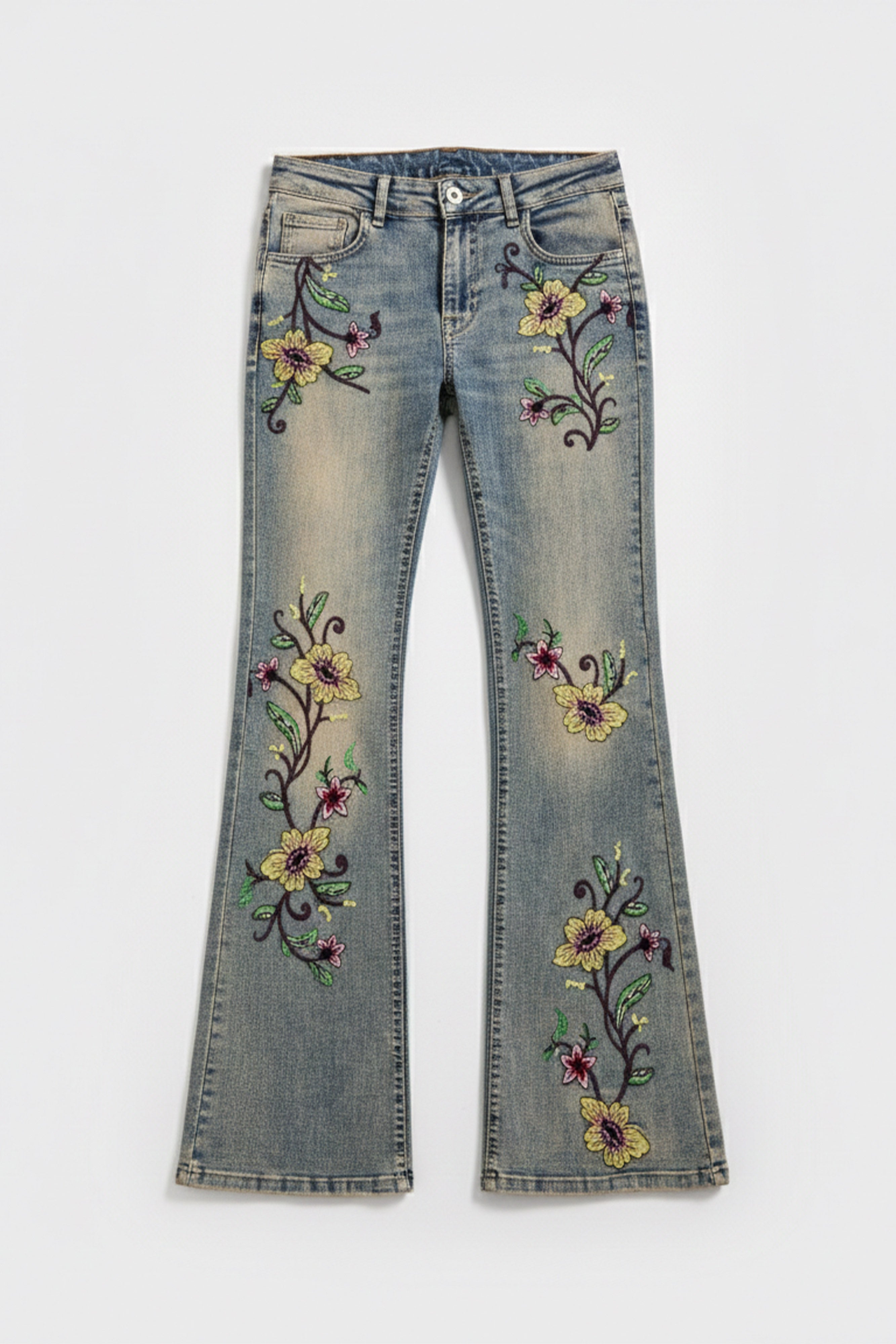 Kadın T.Kot Rengi 4s6-91 Midrise Flare Fit Özel Nakış Desenli Elastan Kumaş Denim Jean