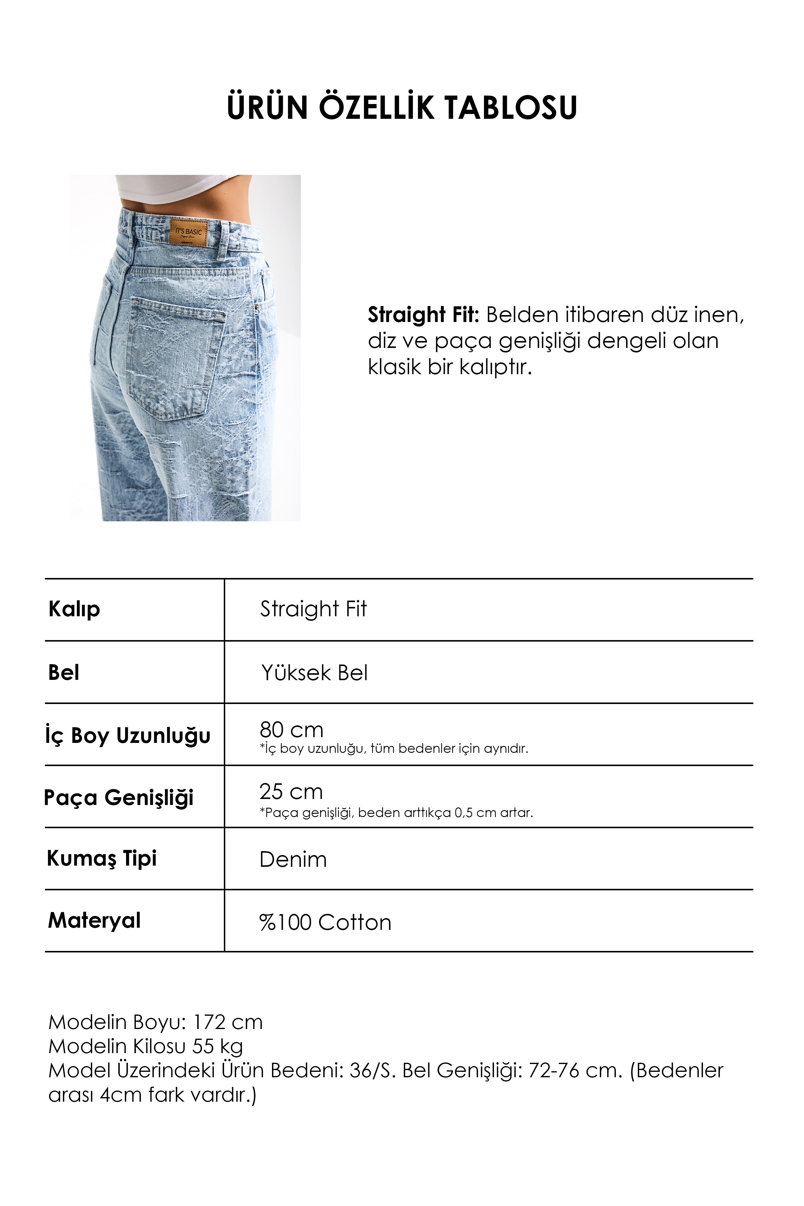 Kadın Ice Kot Rengi 4s6-3 Straight Fit Yüksek Bel Özel Kumaş Tasarım Denim Jean