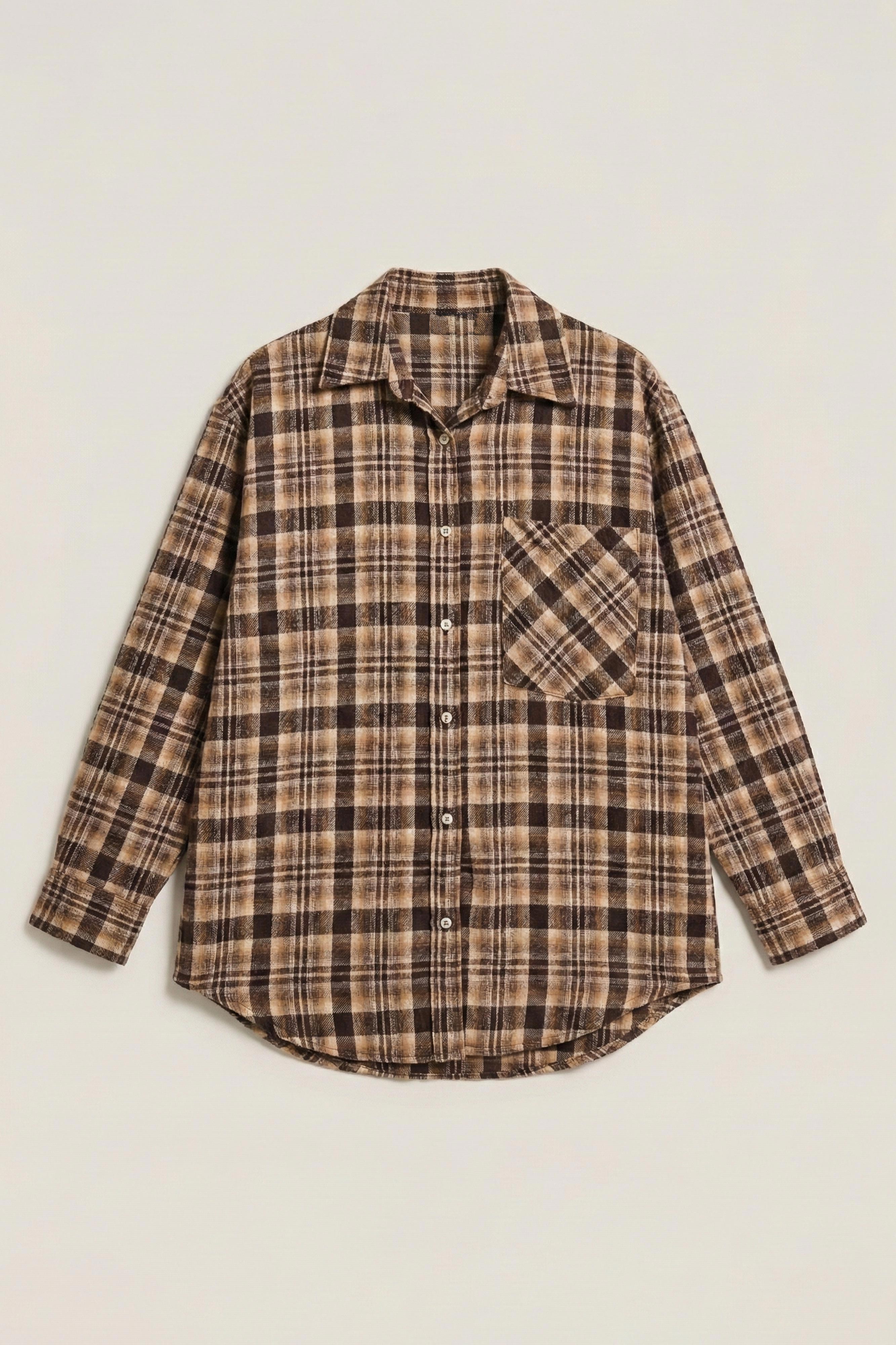 Kadın Kahve Ekose s6-10 Oversize Bol Kesim Pamuk Gömlek