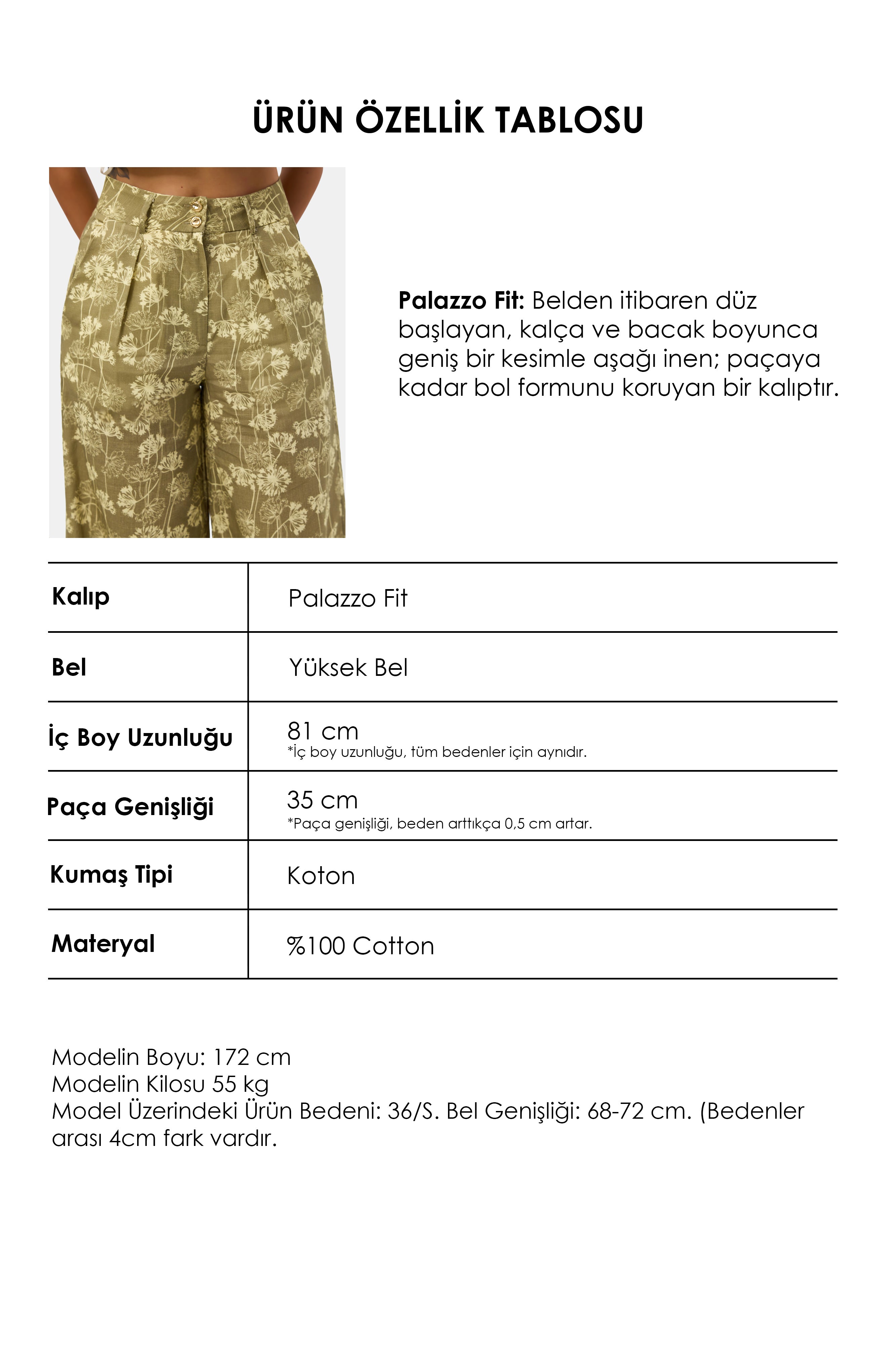 Kadın Haki Çiçekli s6-121 Palazzo Fit Tasarım Pantolon