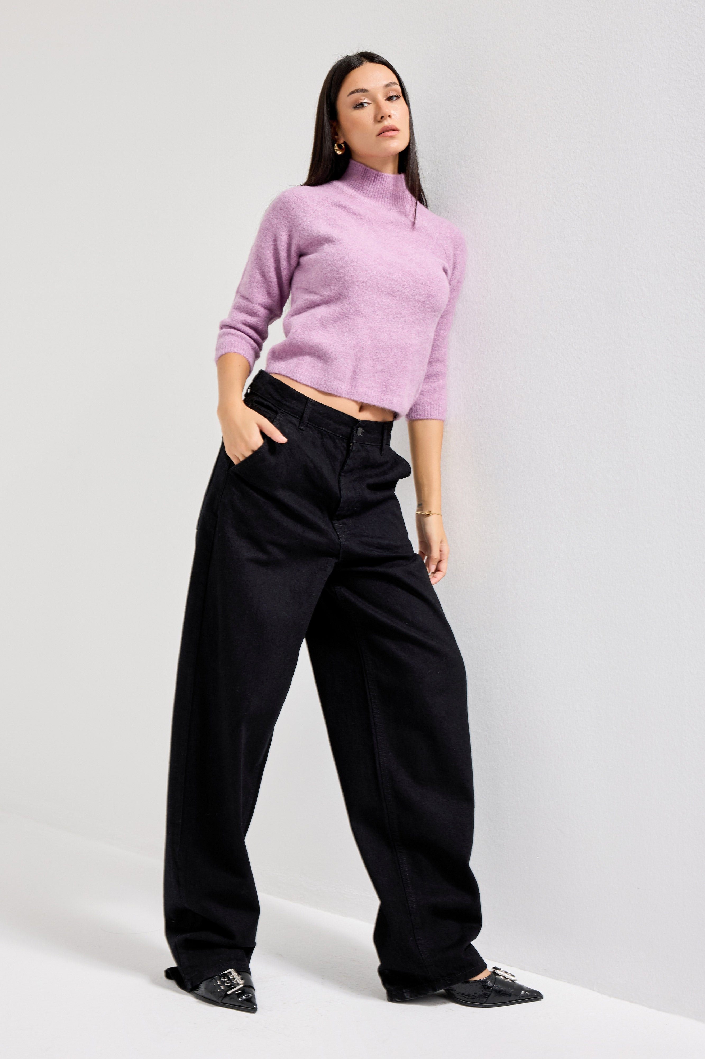 Women's Black Black Od Color Skater Fit Loose Cut Denim Trousers