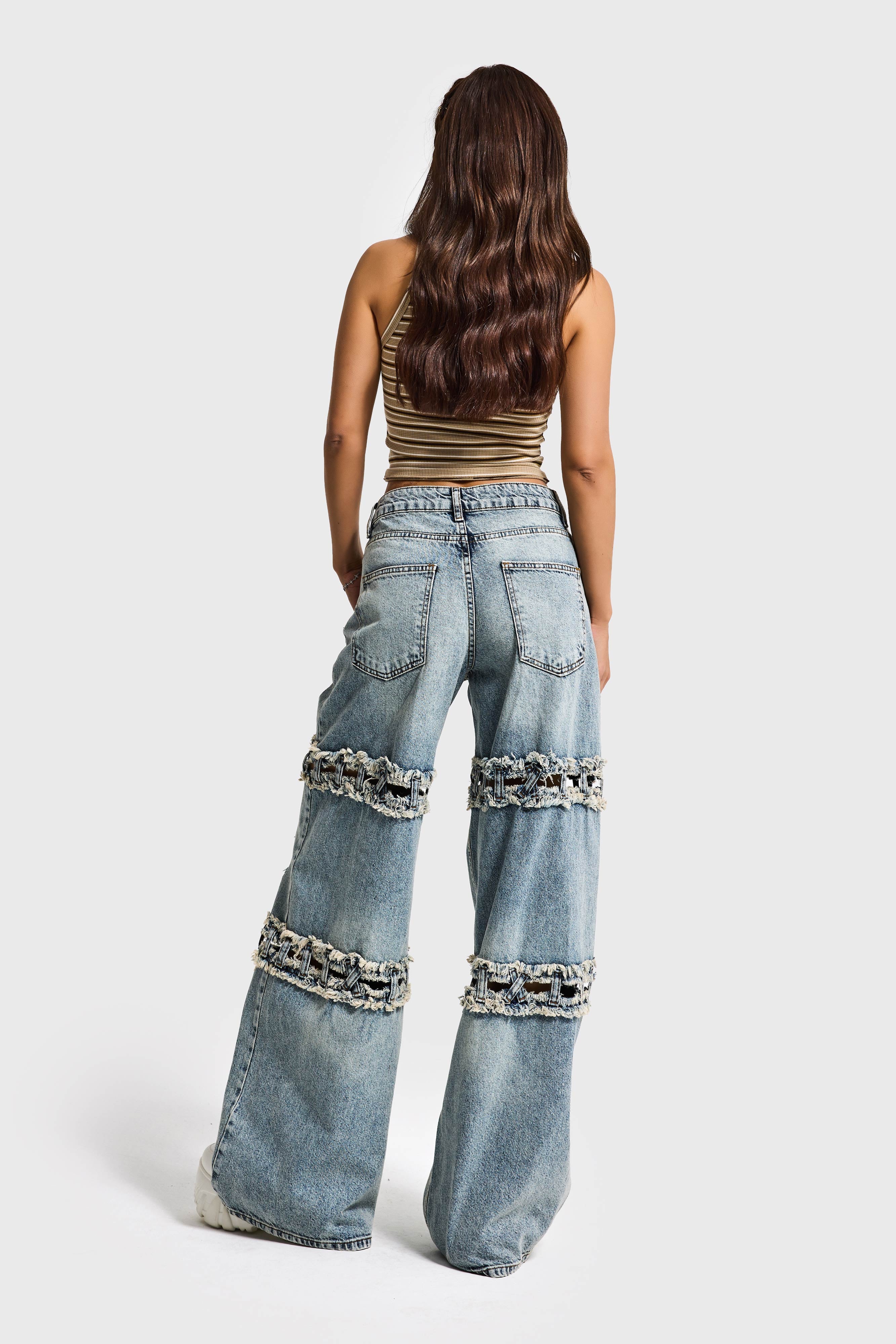 Kadın Kot Rengi Palazzo Fit Yırtık Detaylı Tasarım Denim Jean