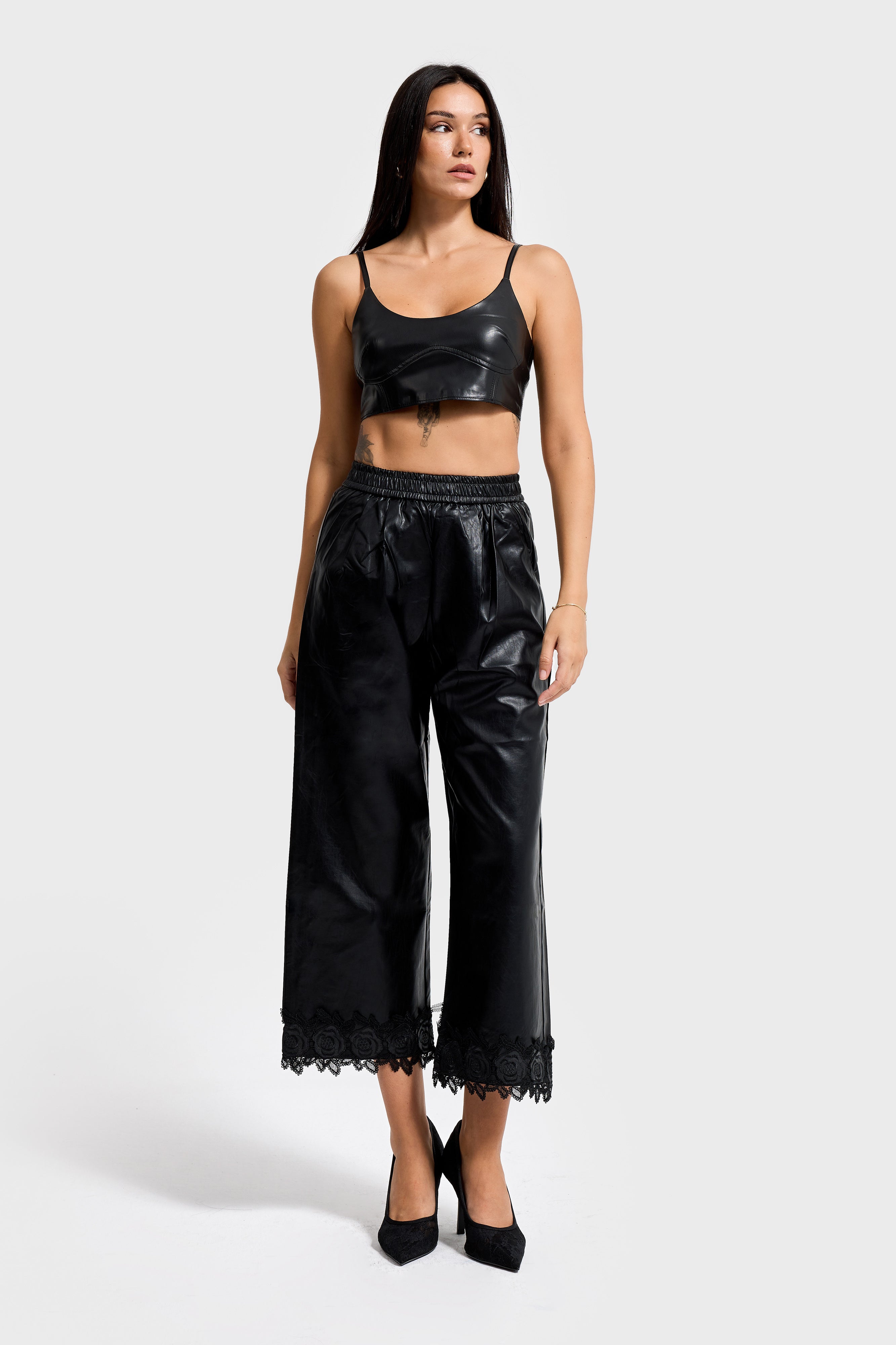 Women's Black Faux Leather Pants with Elastic Waist and Lace Trim Hems